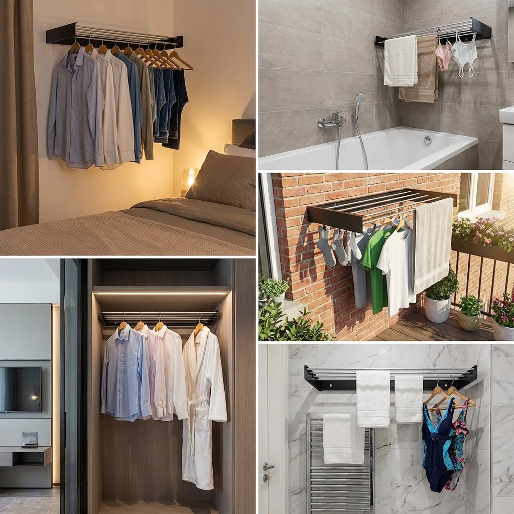 HILLHOUSE Wall Mounted Drying Rack 40 Inch Foldable, Heavy Duty 60 lb Capacity Clothes Airer with Wall Template, Collapsible Space Saver for Bathroom Laundry, 6 Stainless Steel Rods, Black