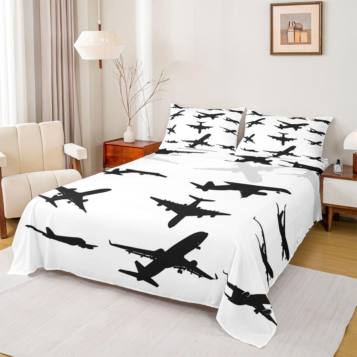 Feelyou Kids Airplane Sheet Set Queen Size Flight Bed Sheets Set Travel Sheets with Deep Pocket Fitted Sheet Women Men Aircraft Black and White Bedding Set with 2 Pillow Case