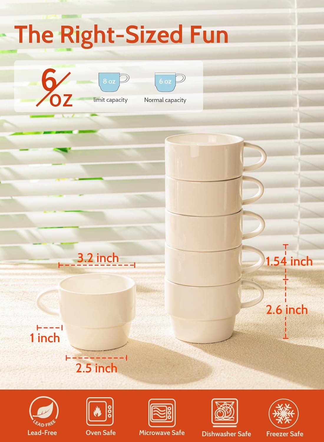 Sweese Porcelain Espresso Cups Set of 6, White Ceramic Espresso Coffee Cups with Handle, 6oz Durable Espresso Coffee Mugs for Home & Cafe