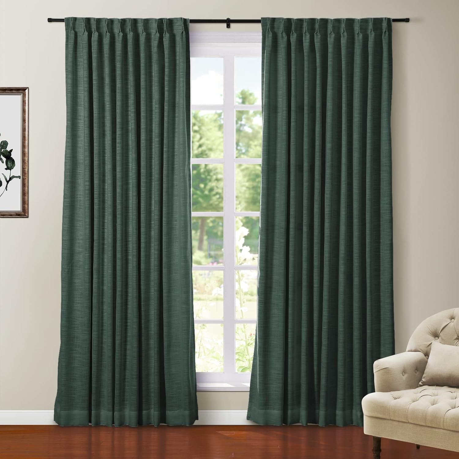 TWOPAGES Back Tab Linen Curtain for Windows 102 Inches Length Blackout Thermal Insulated Pinch Pleated Curtain Drape for Living Room Bedroom, 40 x 102 Inch, 1 Panel, Hunter Green