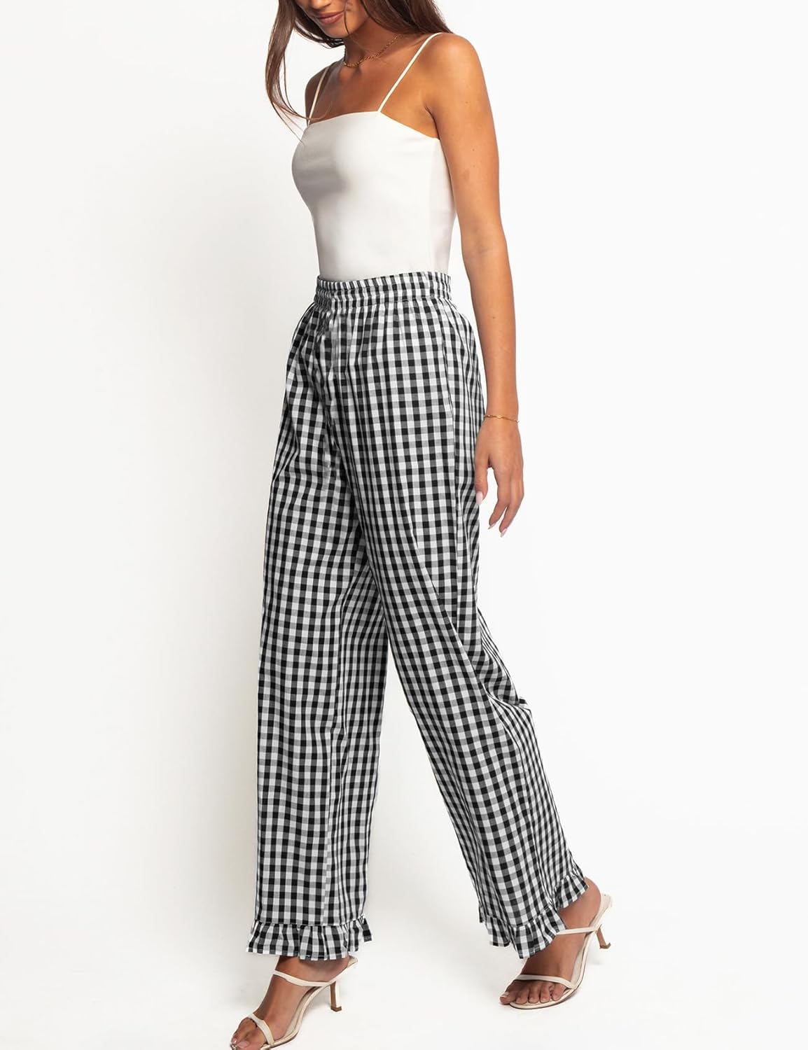 COZYPOIN Women's Gingham Pants Cotton Plaid Ruffle Hem Lounge Boxer Pant Y2K Pj Bottoms Casual Wide Leg Trousers with Pockets - Image 2