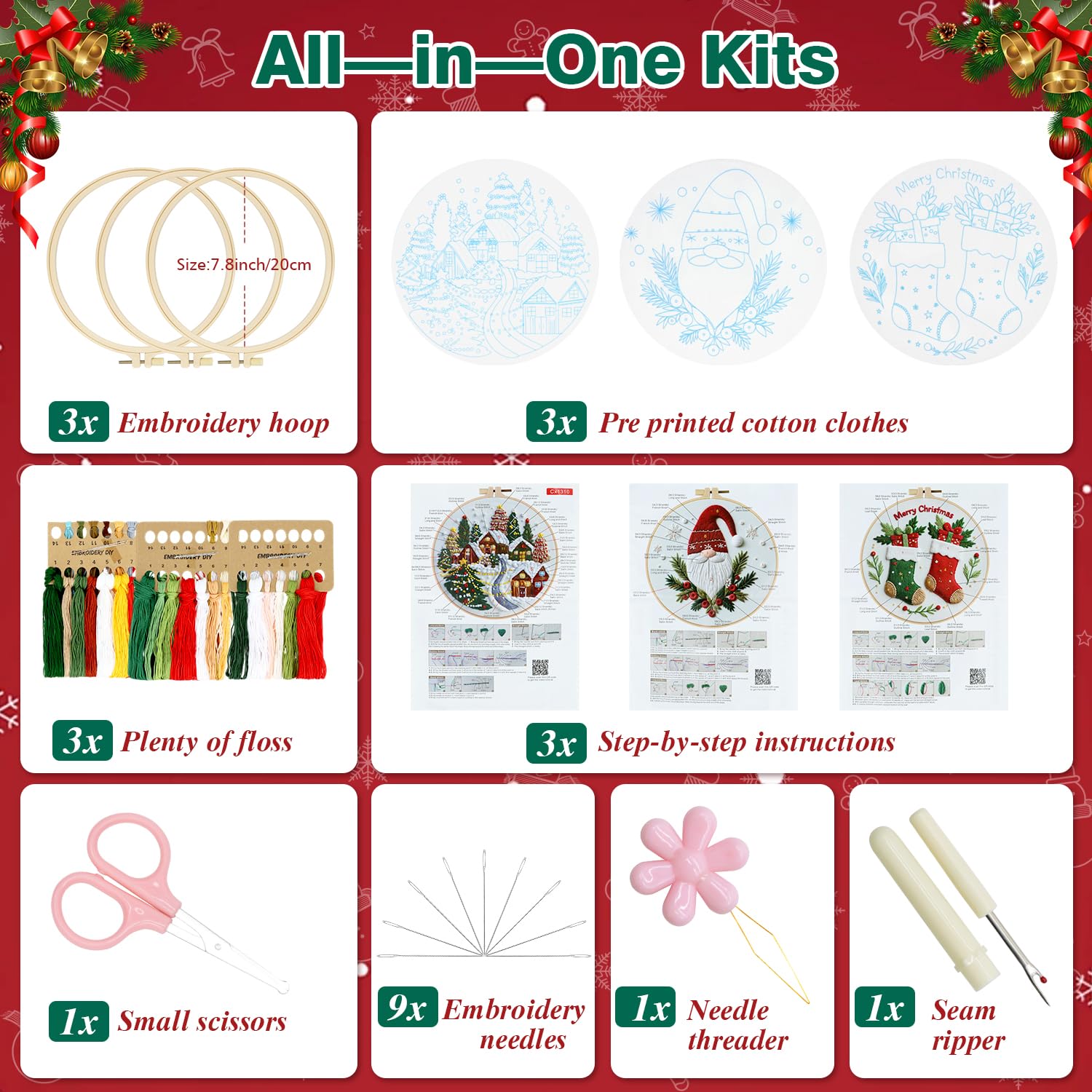 Christmas Embroidery Kits - 3 Pack for Beginners -2