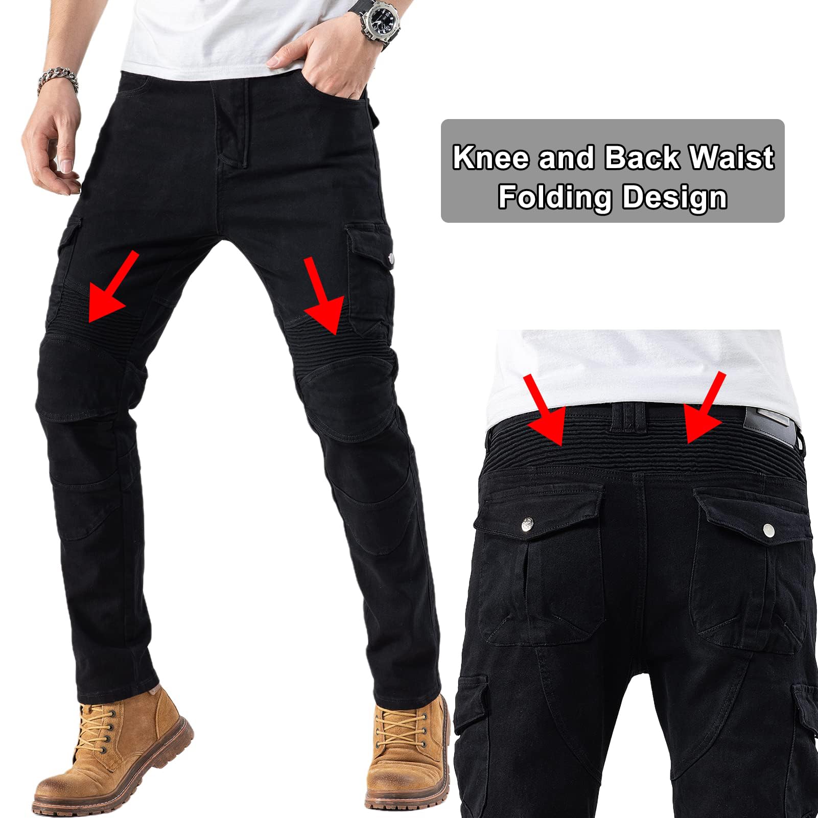 Pantalon Moto Hombre, Impermeable Pantalon Vaquero Moto para Pantalones de Carreras de Motocross, Pantalon Moto Elástico, Jeans de Moto, 4 x Equipo de Protección (Negro,L)