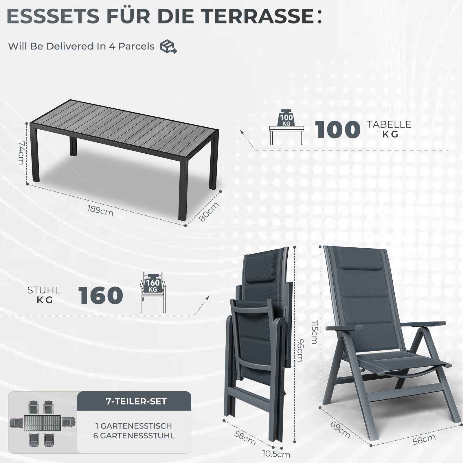 TRIUMPHKEY Aluminium Gartenmöbel 6+1, Gartenmöbel Set mit 1 189 cm PS Gartentisch und 6 klappstuhl, mit Verstellbarer Rückenlehne, Wetterfeste Terrassenmöbel, für Garten Terrasse Balkon, Dunkelgrau