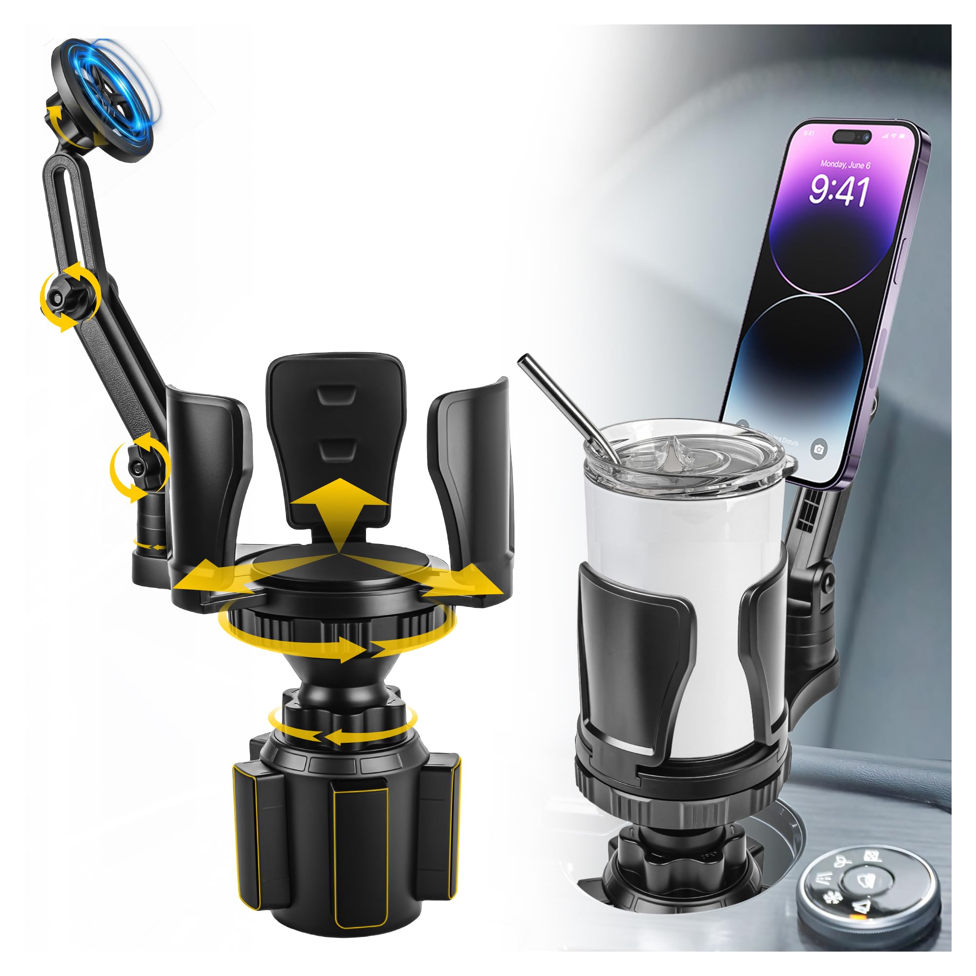 Photo 1 of Frani Car Cup Holder Expander with Magnetic Phone Mount - Adjustable Insert Fits 2.68-4.33" Holders, 360° Adjustable Neck & Strong N52 Magnets for iPhone Samsung