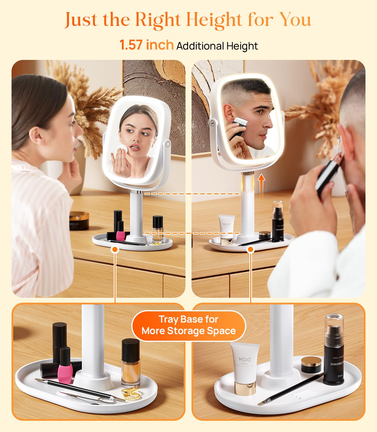 Gospire Espejo de maquillaje iluminado con luces y aumento 1X/10X, base de bandeja y altura ajustable para escritorio, batería recargable de 4000 mAh, 3 luces de color y función de memoria para