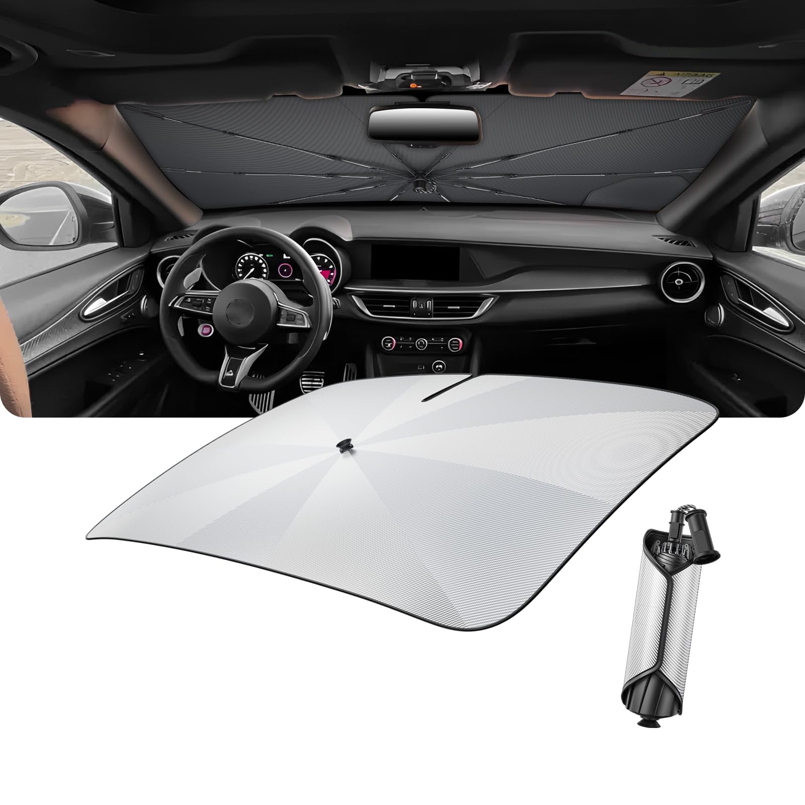 LUWU [Aggiornato] Ombrello Parasole Auto Compatibile con Alfa Romeo Stelvio 2017-2025 2026 Parabrezza Parasole Auto ad Ombrello Pieghevole per Parabrezza Anteriore Interno Accessori