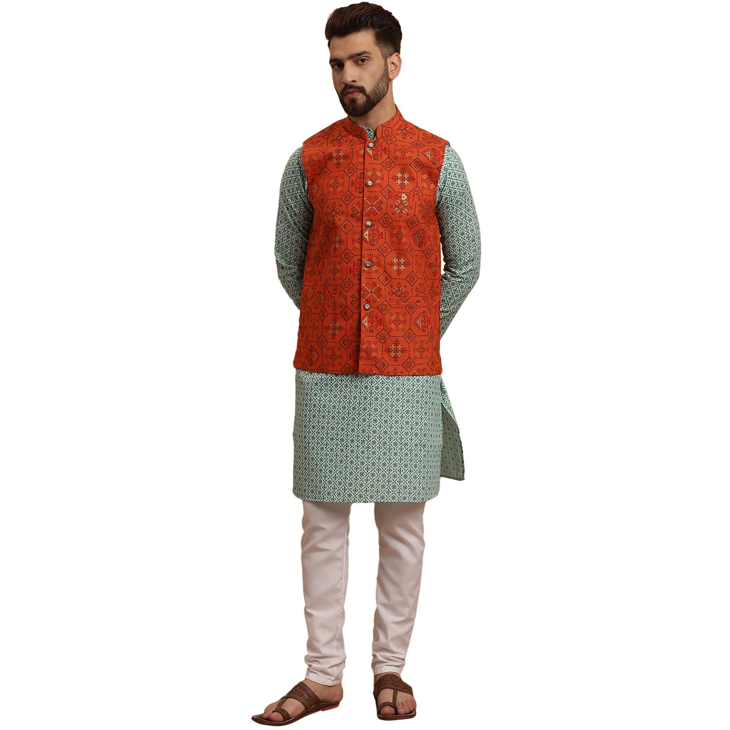 Sojanya (Since 1958 Men's Cotton Linen Sea Green Kurta And White Pyjama With Orange Cotton Nehru Jacket