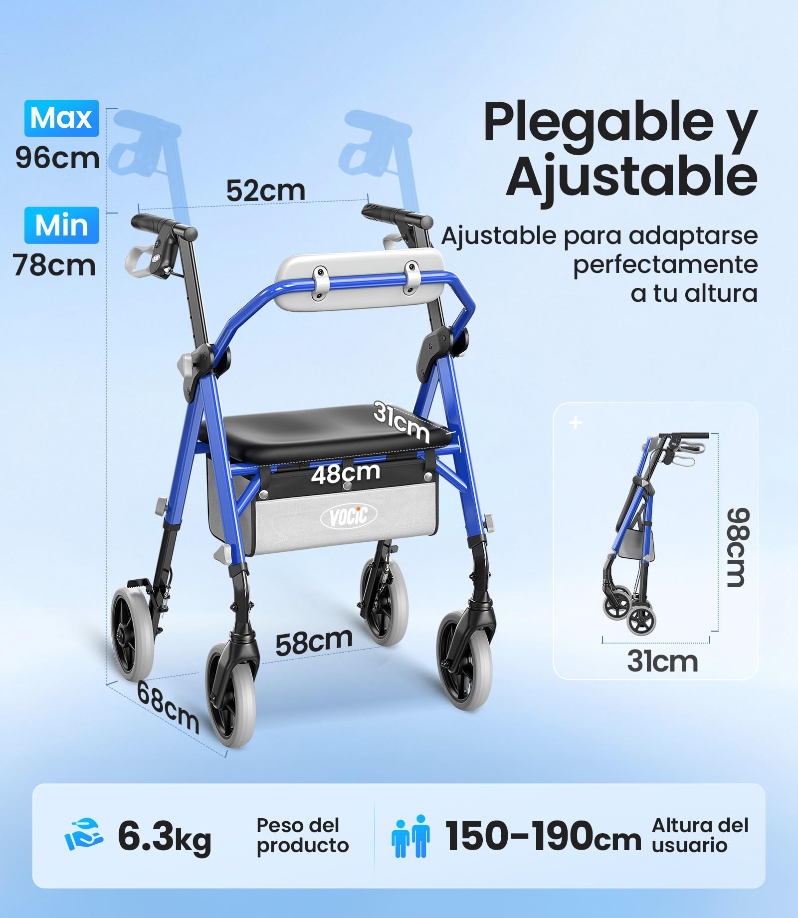 VOCIC Andador plegable ligero con asiento, 6,3 kg Ultraligero andador para ancianos con ruedas,Max 150 kg,asiento ergonómico, altura regulable,Walker estrecho para apartamento & viajes,azul