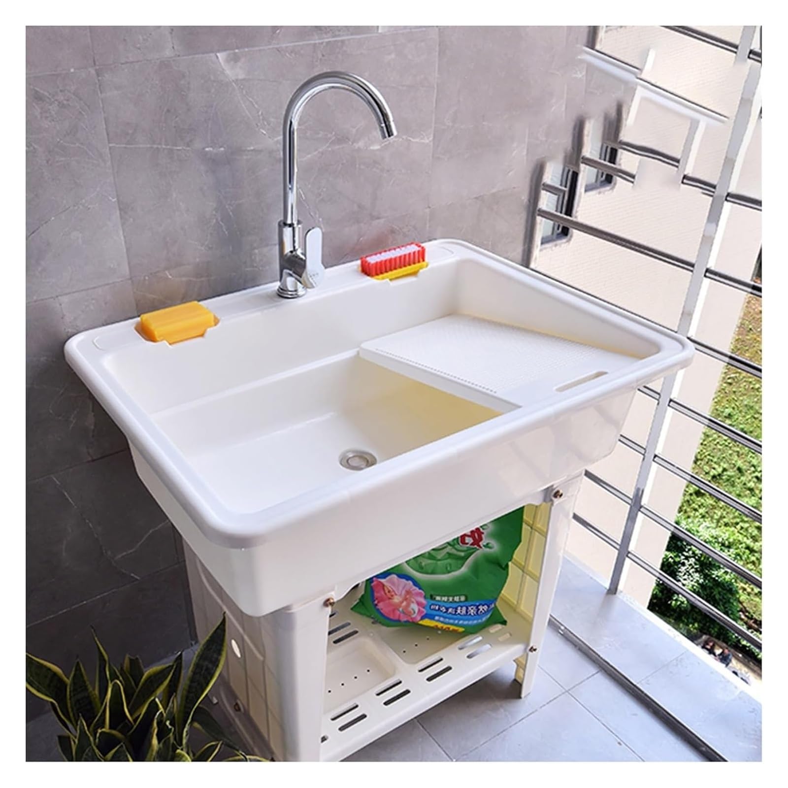 ZCXMNL Utility Sink Laundry Tub With Faucet, Freestanding With Stainless Steel,Indoor Outdoor With Cold And Hot Water, Garden Sinks For Backyard(White,65x56x80cm)