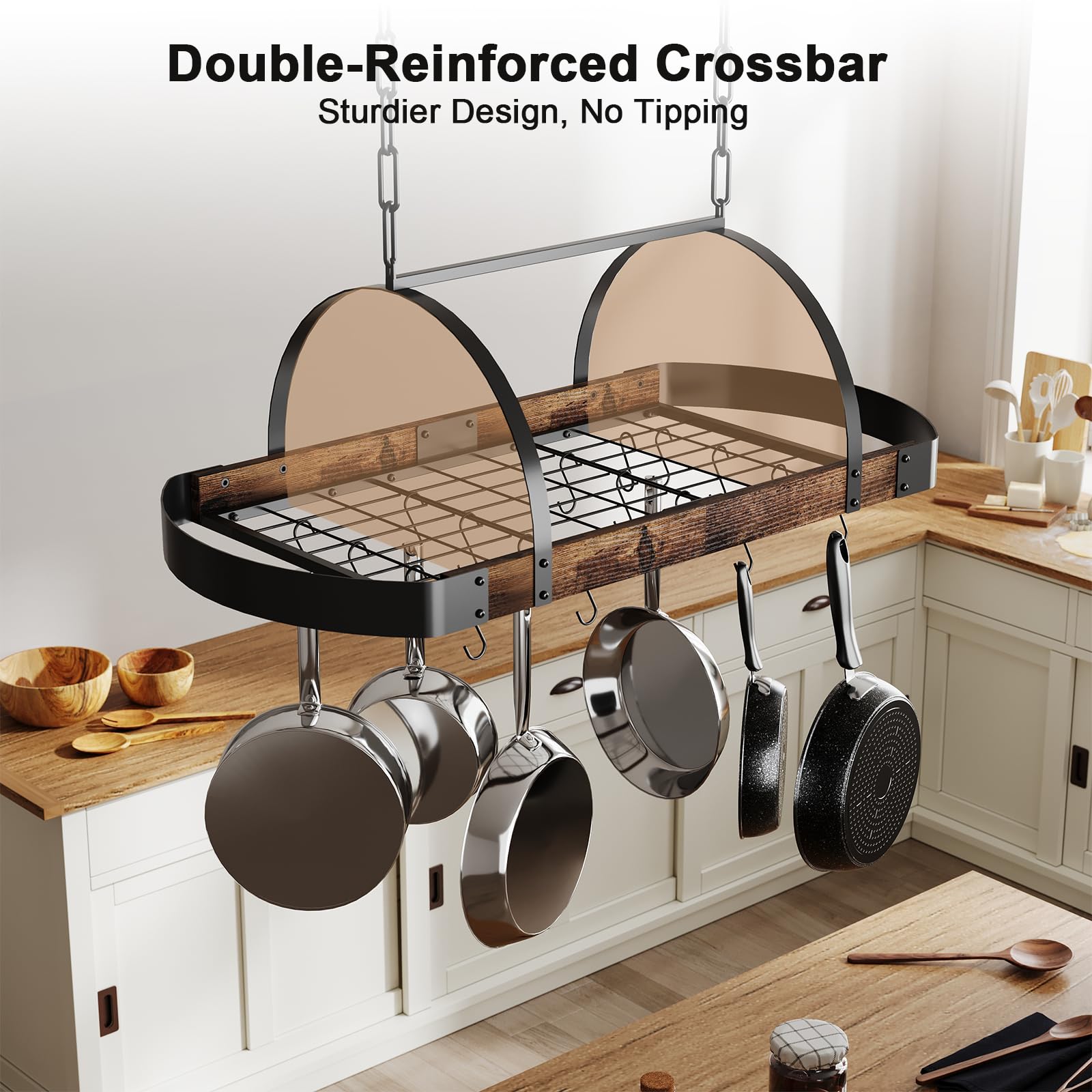 Hängendes Topfregal, 81,3 cm, Deckenregal für Küche, platzsparender Topfaufhänger mit 16 abnehmbaren S-Haken, stabiler Metallrahmen, Industrie-Stil, für Topf, Pfanne, platzsparend