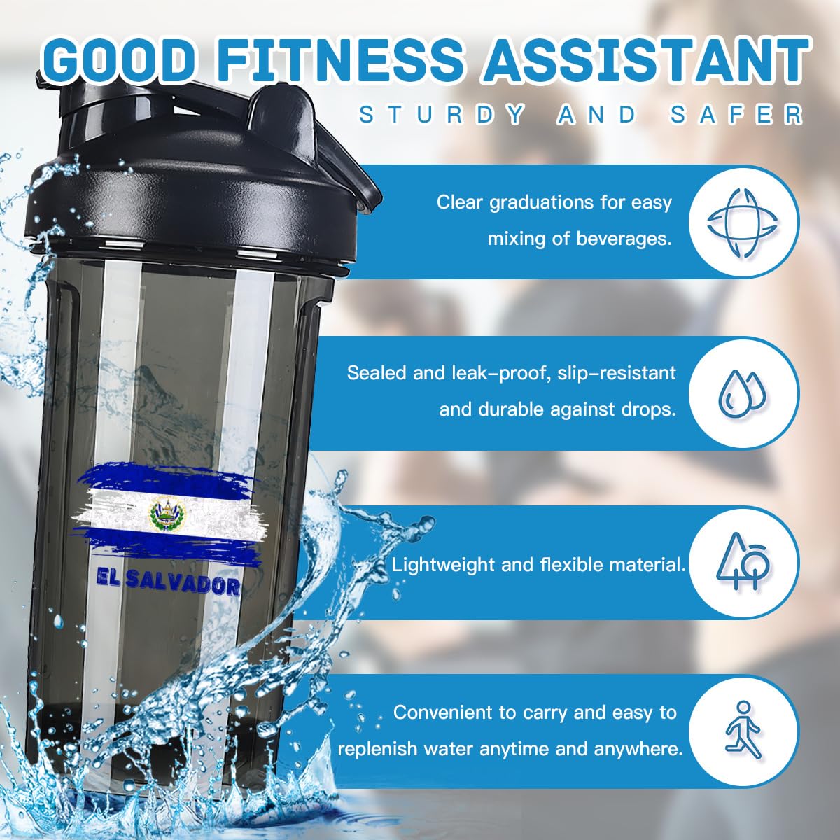 El Salvadorean Flag 18 Ounce Shaker Cup,Fashion Theme Pattern Shaker Bottle Leak-proof Workout Shake Bottles 500ML/18 oz Perfect for Pre Workout