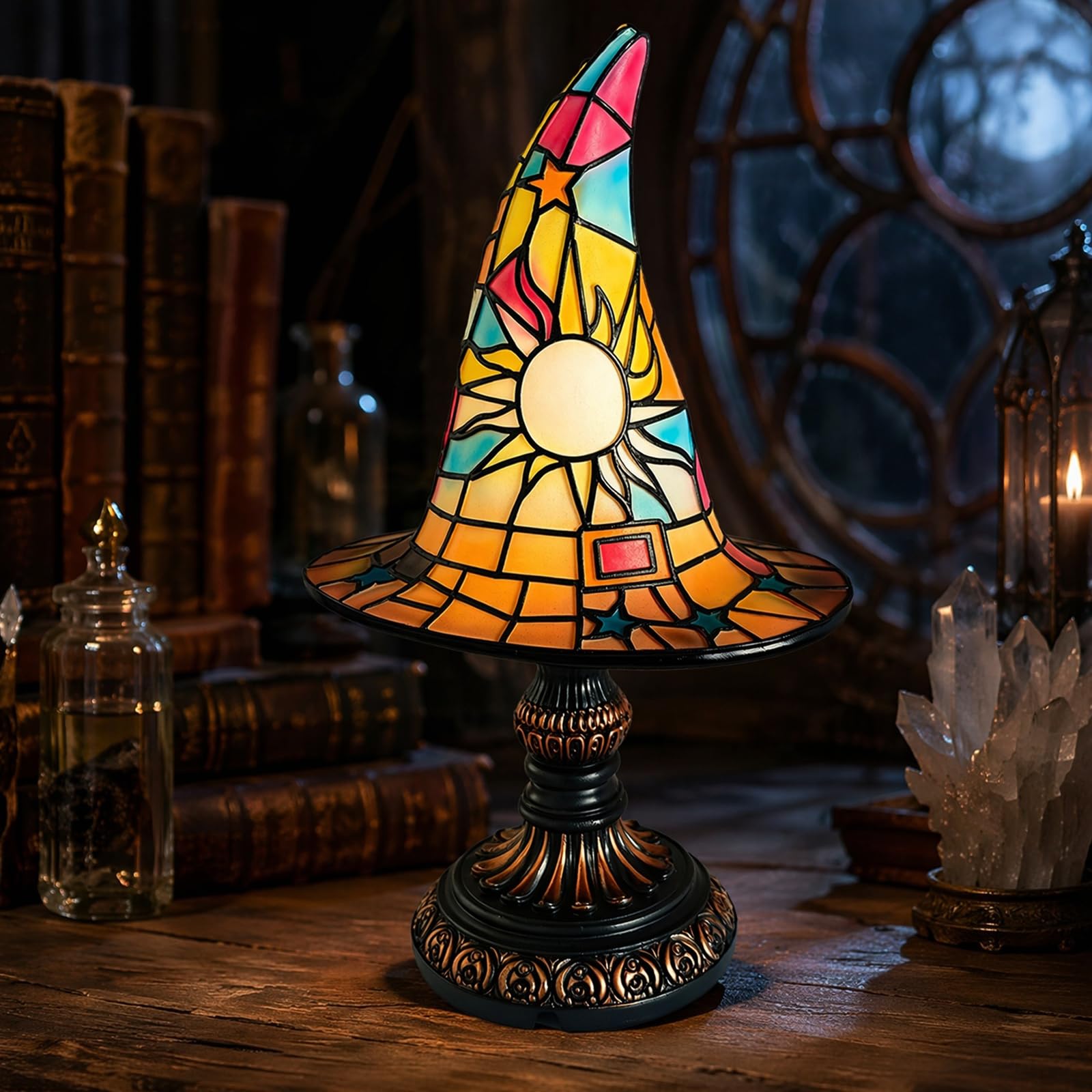 WMFASBAG Stained Glass Witch Hat Lamp, Handcrafted Gothic Witch Hat Table
