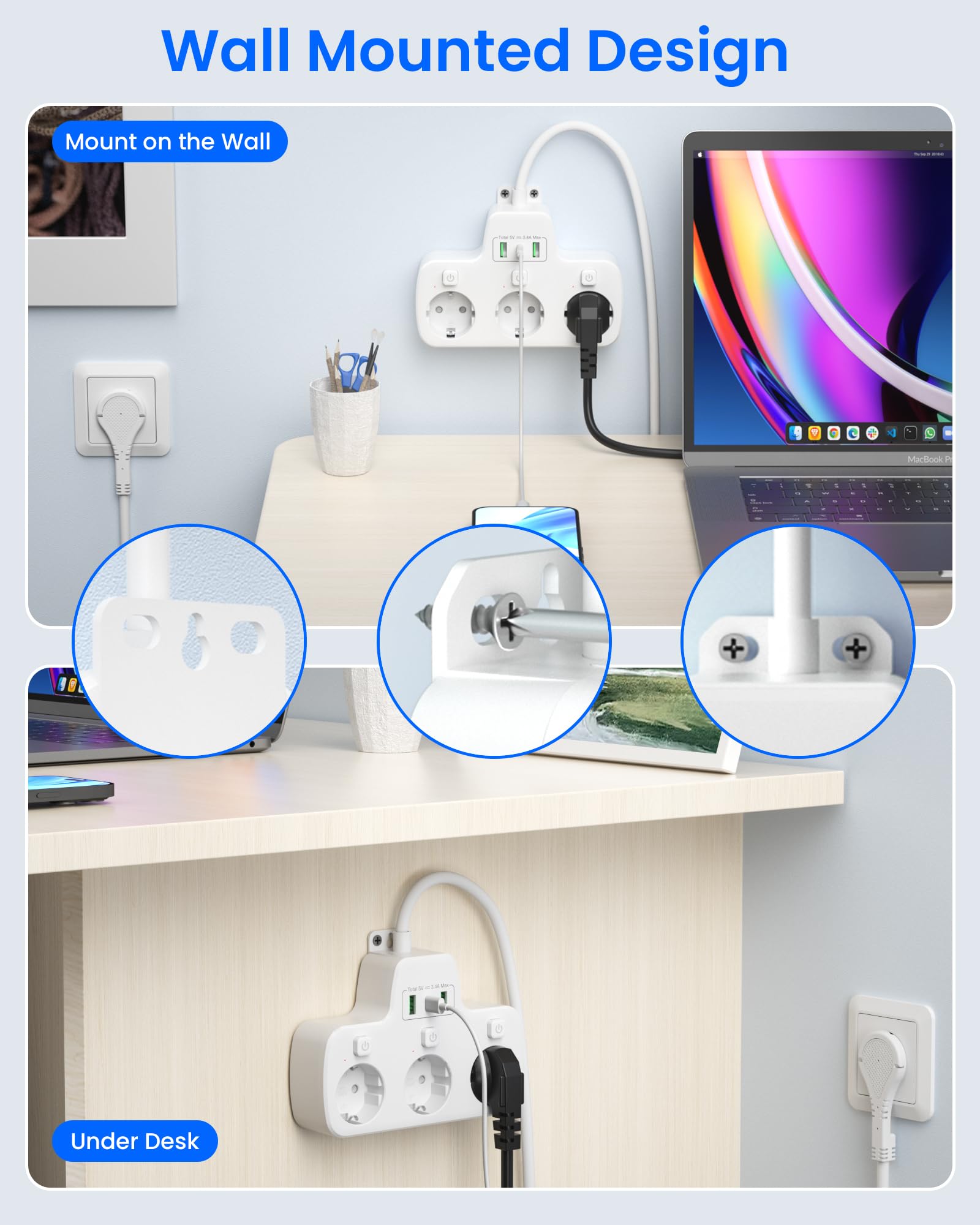 Regleta Enchufes Plano con Interruptor Individual,Ladron Enchufes USB C 3 Tomas Schuko,Enchufe Multiple Pared Clavija Extra Plana,Outlet Extender 2M Alargador Cable,Tomadas Electricas,Blanco