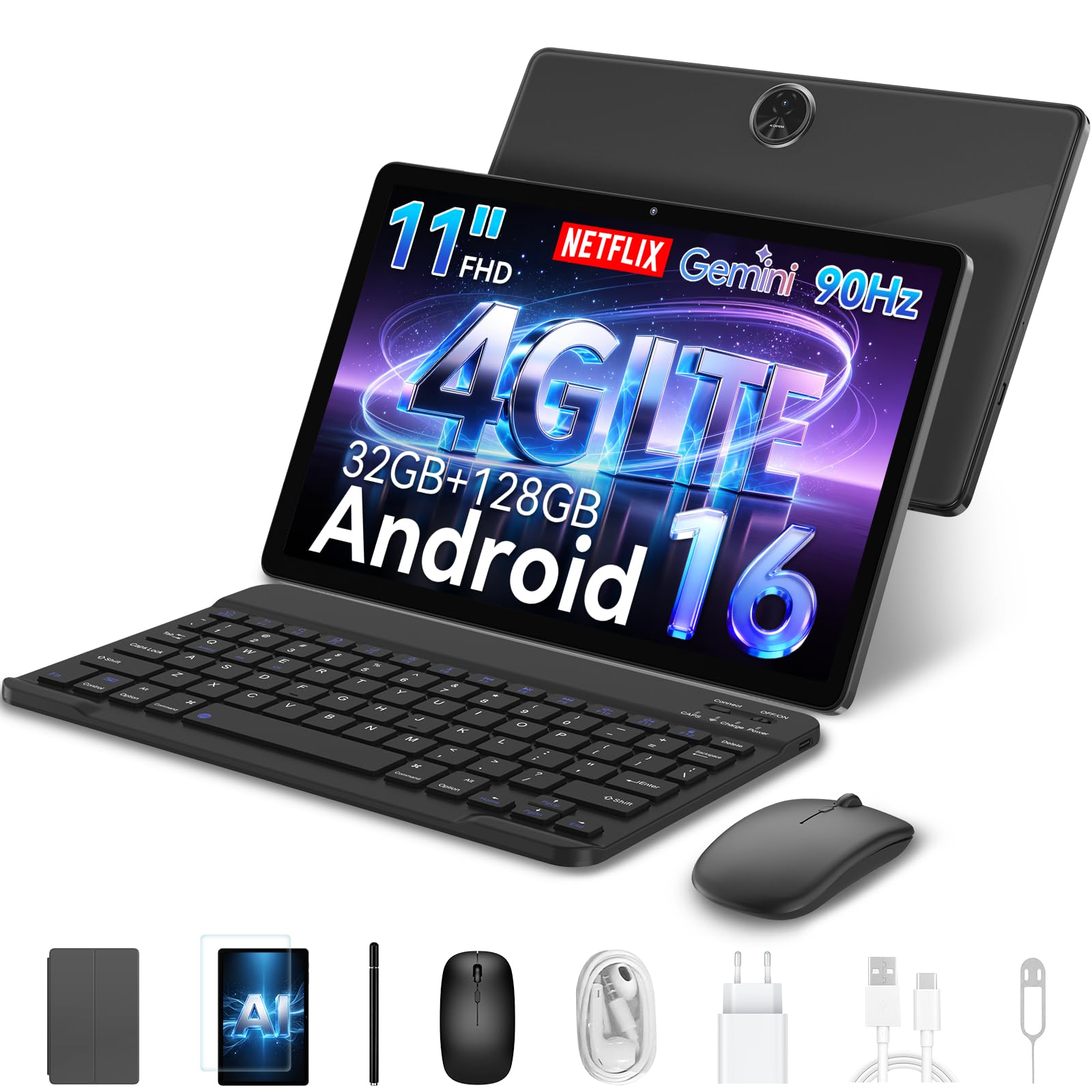 ZENO5 Tablet Android 16 con tastiera, Tablet 11 pollici, 4G LTE, 32GB RAM + 128GB ROM, display HD 90 Hz, 8300 mAh, GPS, Gemini AI, Widevine L1, Face ID, con penna e mouse, tablet per lavoro e studio