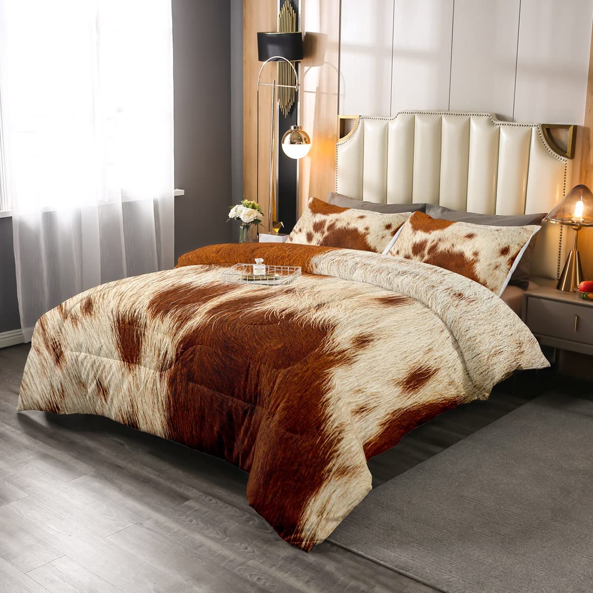 Erosebridal Cowhide Comforter Set Twin Size Brown Cow Print Bedding Set for Boys Girls Man Women Bull Cattle Skin Down Comforter Wildlife Fur Hair Farmhouse Animal Skin Quilt Set Bedroom Decor