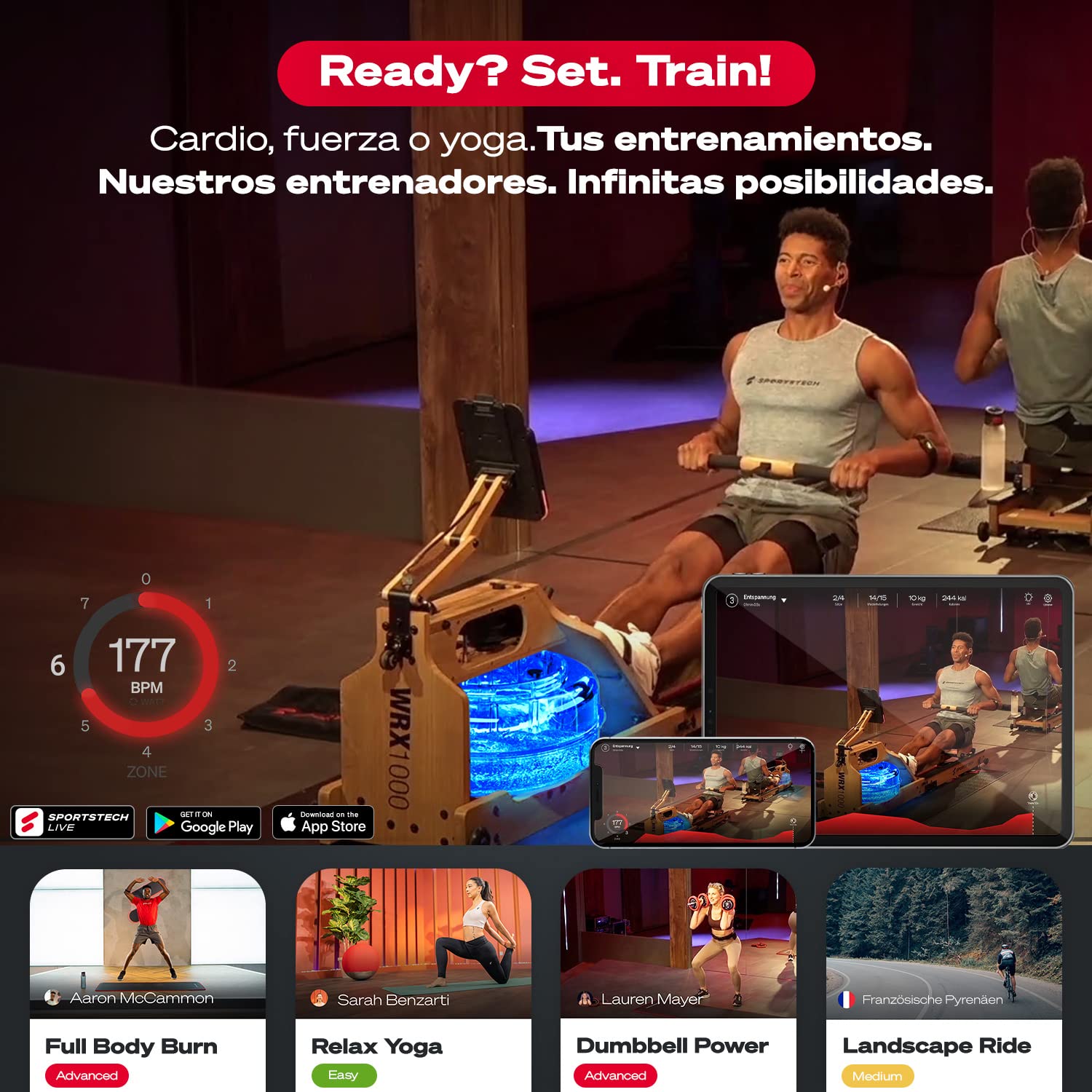 Sportstech - WRX1000 Agua Maquina de Remo, Premium Maquina de Remo para Casa, Plegable Maquina Remo con Tecnología Pulse Depósito de Agua LED de 7 Zonas y Pantalla LCD