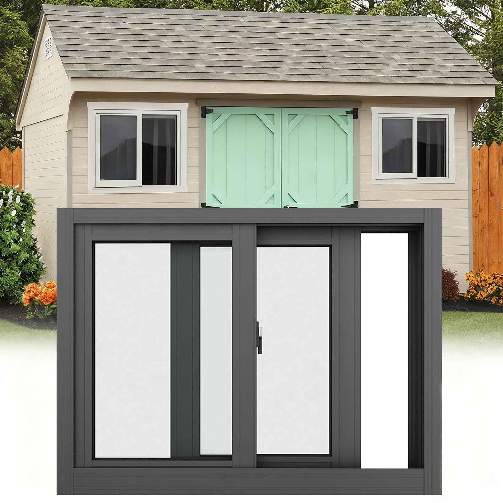 Ventana corredera de aluminio negro 26x19 pulgadas con vidrio templado para sótano 1