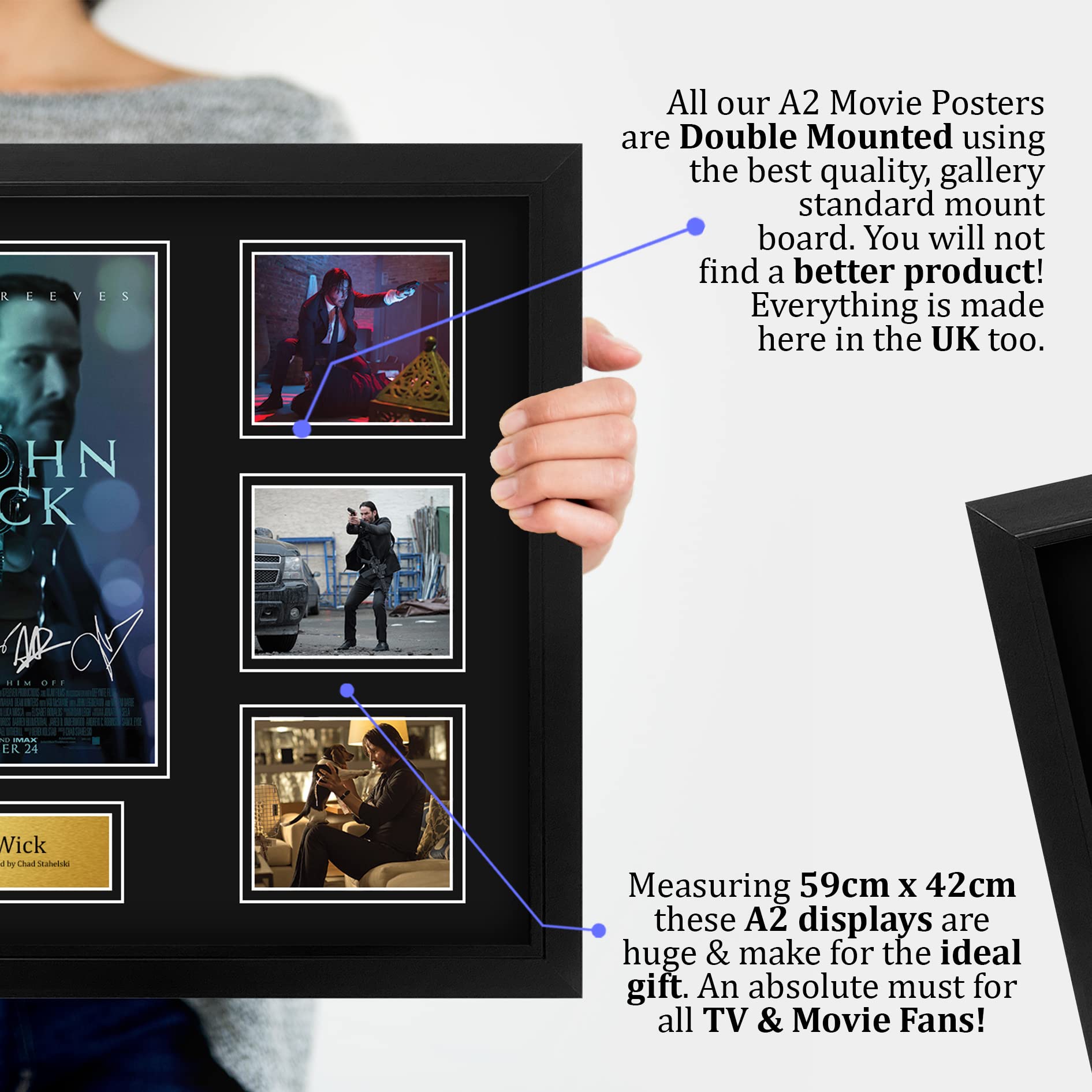 HWC Trading John Wick Cadeaux imprimés autographes signés, Montage d'affichage de présentation pour les fans de cinéma - A2 Encadré