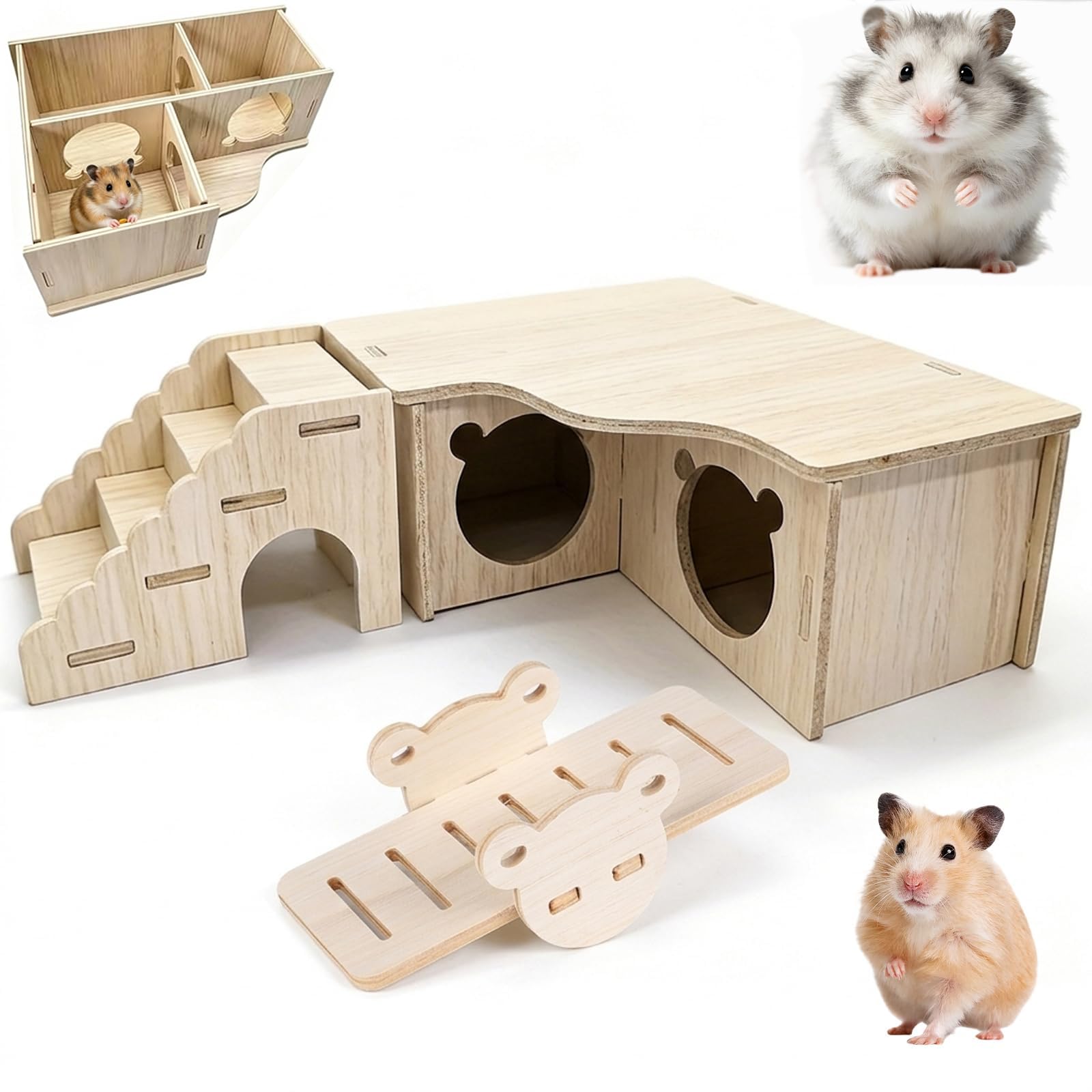 3-Piece Hamster Multi Chamber Hide Set, Natural Wooden Hamster Platforms with Ladder and Seesaw, Interlocking Hamster Cage Accessories for Dwarf Hamsters and Mice