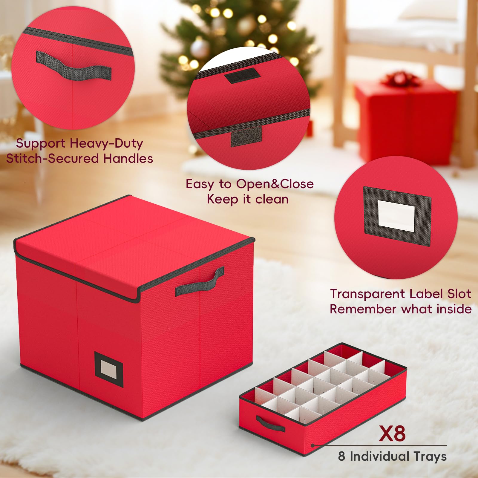 Bomclap Scatola portaoggetti per palline di Natale, con 144 divisori, grande contenitore natalizio con coperchio flip top per decorazioni natalizie e decorazioni (rosso)