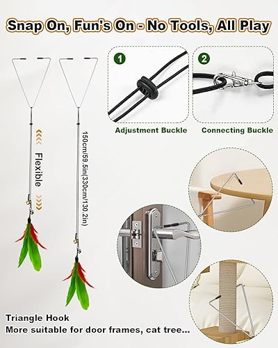 Cat Feather Toys, Enhanced Suction Cup Cat Toys, Interactive Cats Teaser Wand, 10pcs Fishing Pole Feathers Toy Replacements & 2pcs Bouncy Balls, 2 Types Door Hanging Cats String Toy