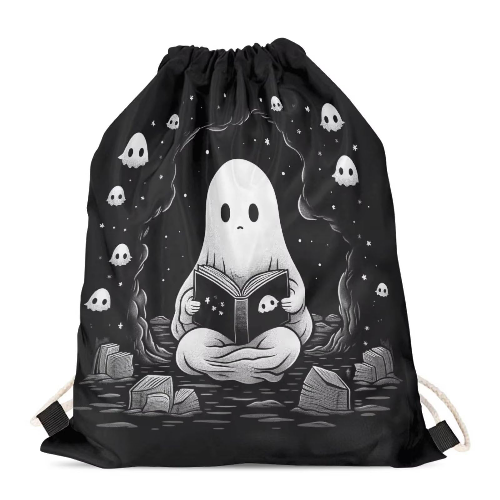 Showudesigns Cartoon Ghost Drawstring Bag Swimming Bags for Girls Kids Backpack PE Sport Cinch Sack String Bag School Beach Travel Pouch Trash Black โ image 1