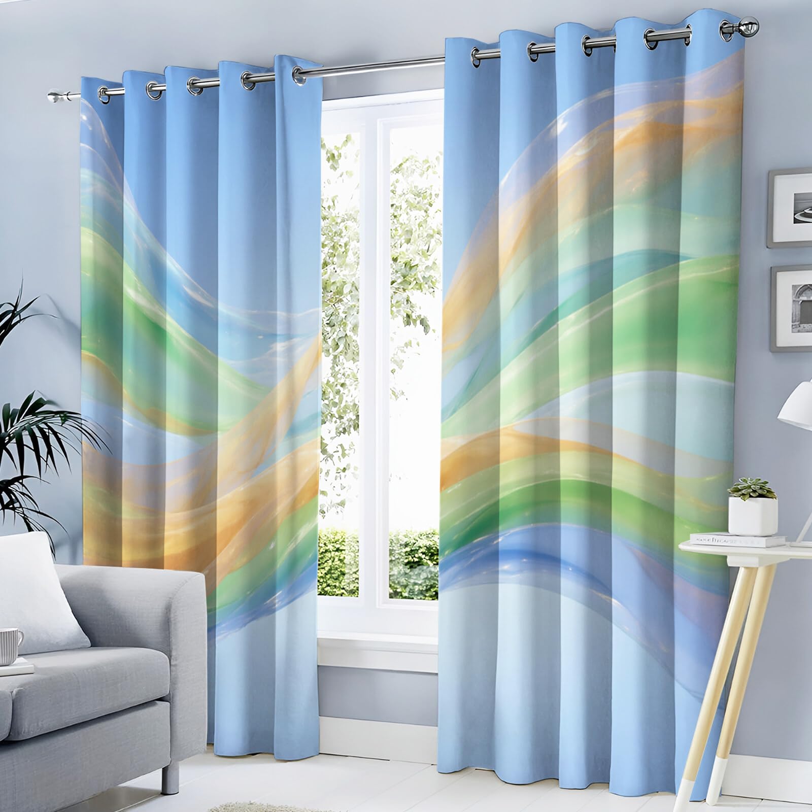Isolanti Per Camera Da Letto Stampa 3D Curva D'Onda Blu-Verde 2 Pannelli 140X175Cm(L X A) Tende Soggiorno Astratto Moderno Decorazione Motivo Finestra Bambini Tenda Oscuranti Occhielli