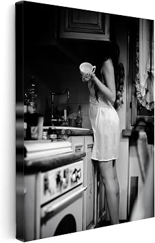 Poster Master Woman Canvas - Sexy Morning Coffee Canvas - Cafe Art - Black & White Photography - Aesthetic Kitchen, Dining Room or Coffee Shop Decor - 8x10 STRETCHED Canvas