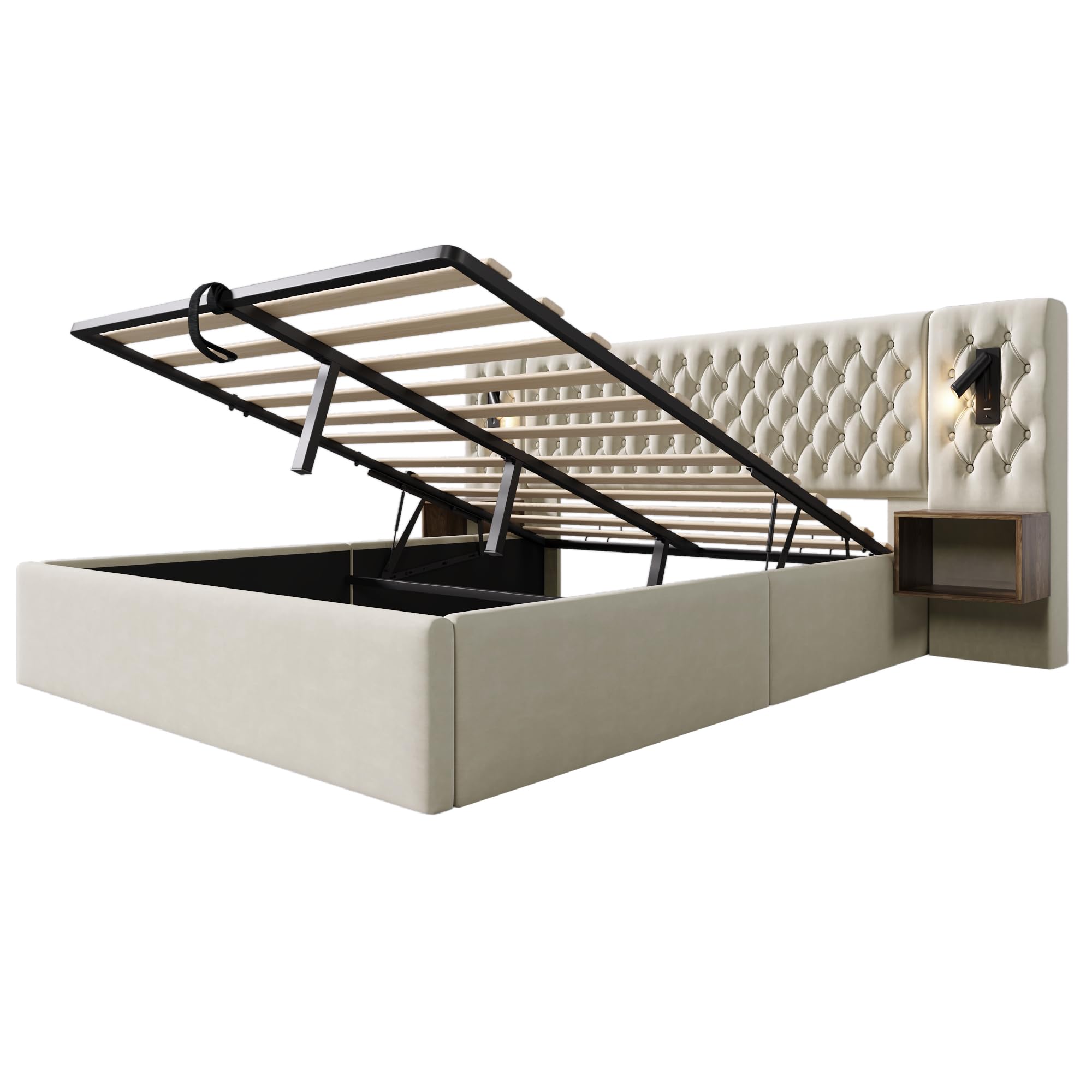 Juego completo de cama para dormitorio, cama tapizada hidráulica, cama doble de 180 x 200 cm, con 2 mesitas de noche, cabecero de luz de lectura con función de carga USB, 261 x 210 x 105 cm,