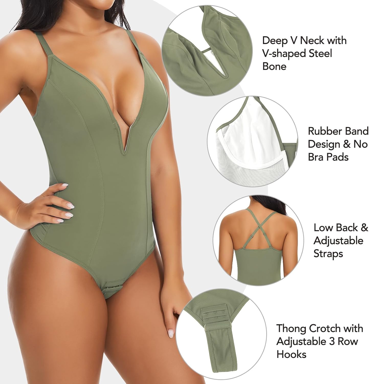 SHAPERIN Women's Deep V Neck Bodysuit Double Lined Plunge Tummy Control Shapewear Thong Body Suits Backless Cami Tank - Image 3