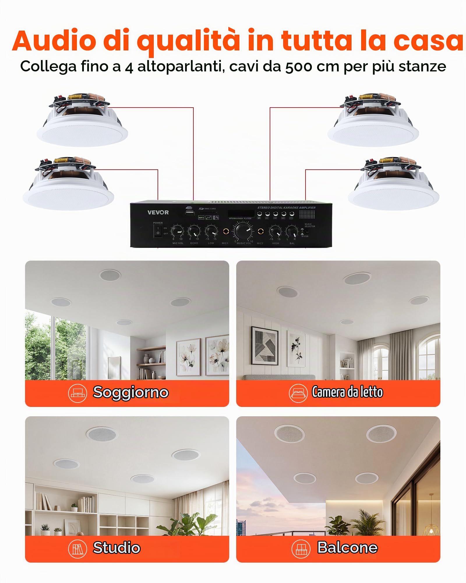 VEVOR Set di Altoparlanti 4 pezzi con Bluetooth, Altoparlanti da Incass a Soffitto 165,1 mm per Home Theater Soggiorno Diffusori Impedenza 8 Ω da Casa Cucina Bagno, Potenza di Picco Singola 150 W