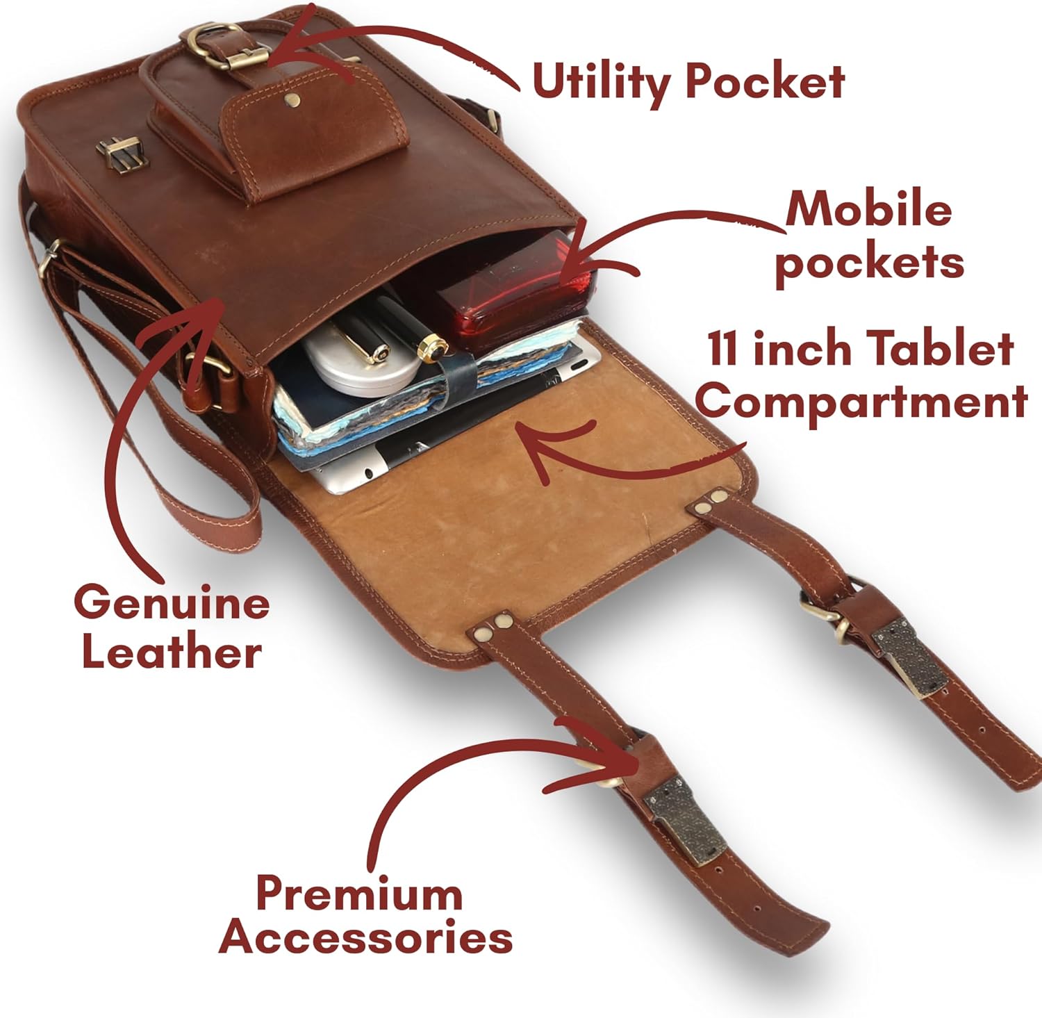 URBAN LEATHER 12 inch Small Leather Messenger Bag Shoulder Bags Cross Body Brown Vintage Satchel Handbag for Men Women Tablet Purse