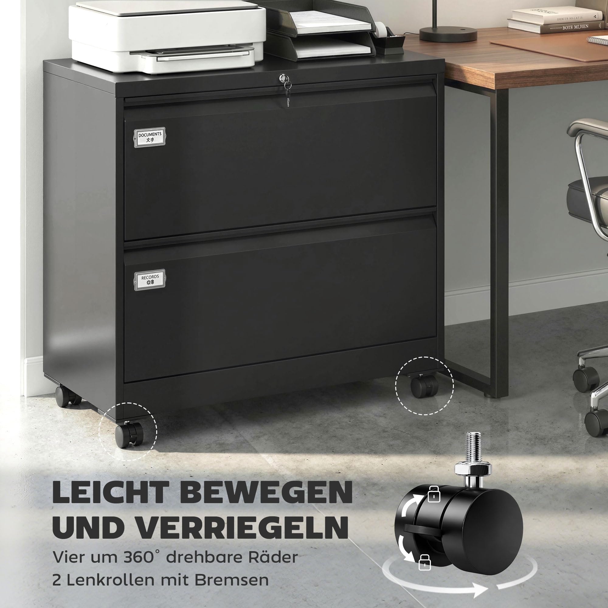 HOMCOM Rollcontainer mit 2 Schubladen mobiler Aktenschrank mit Rollen abschließbar Büroschrank mit verstellbarem Hängeregistratur, Schubladenschrank für Büro, Homeoffice, 90 x 40 x 77,4 cm, Schwarz