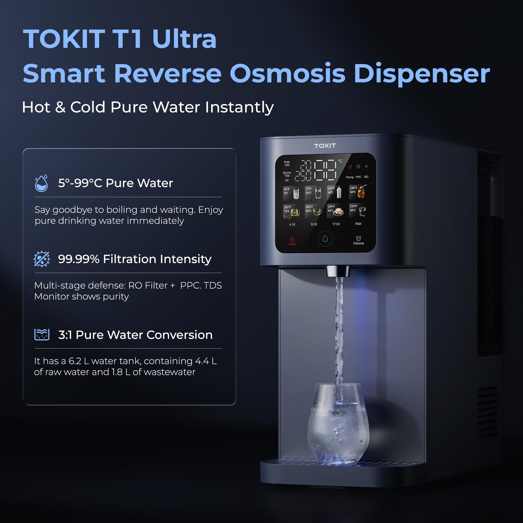 TOKIT T1 Ultra Ósmosis Inversa de Sobremesa 5-100°C, Dispensador de Agua Caliente y Fría con Lámpara UV & Filtro RO, 8 Niveles de Temperatura, CE & EMC Certificado
