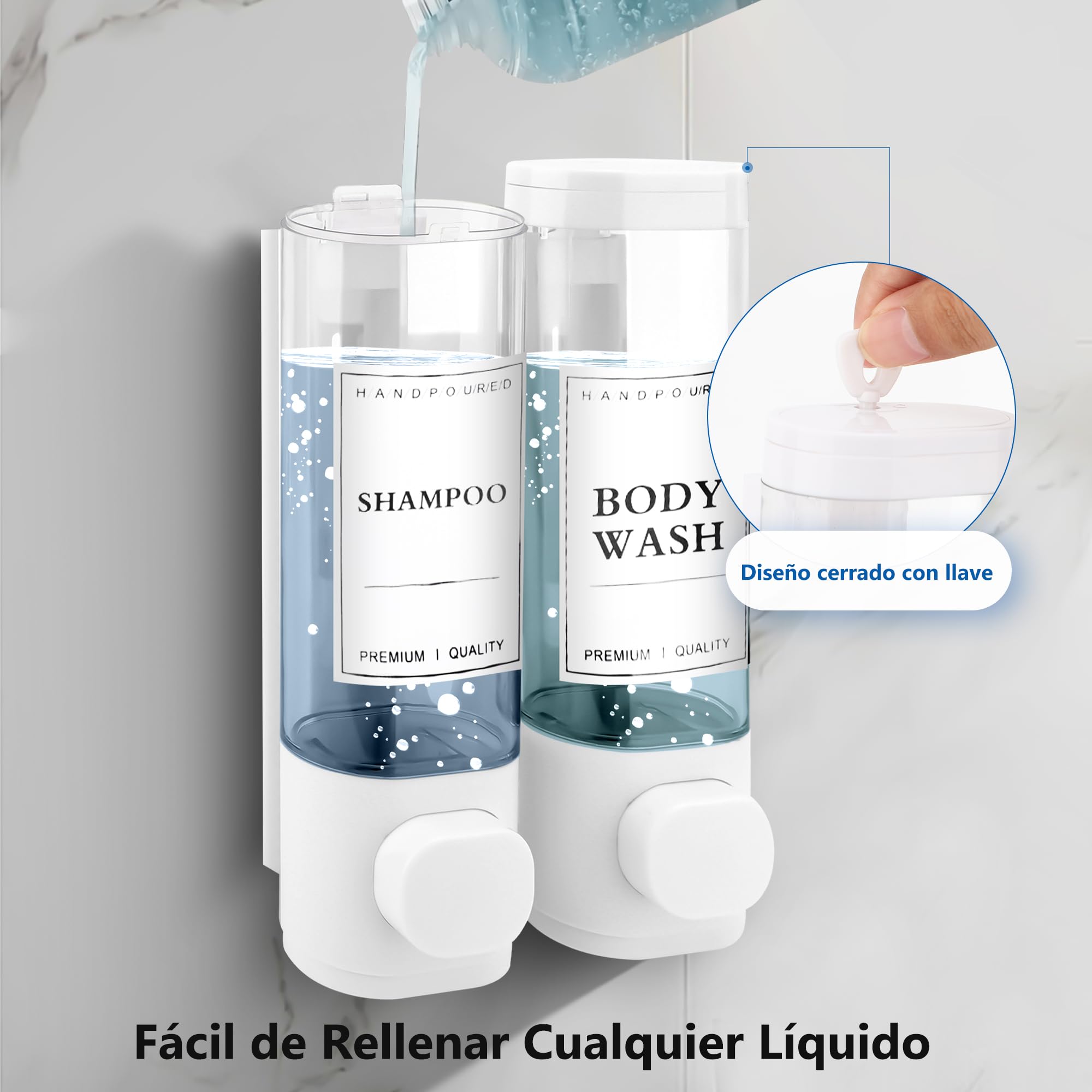 Dispensador Jabón Baño para Montaje en Pared, Dispensador de Jabón Líquido, Dispensador Gel y Champu Ducha para Hotel, Hogar,2x300ml(Blanco)