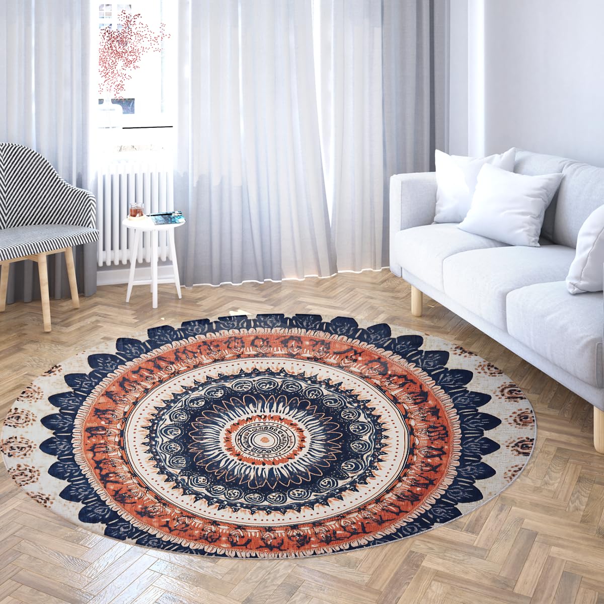 Bunter Boho-Rundteppich 120cm Weiche kleine Fußmatte Niederflor