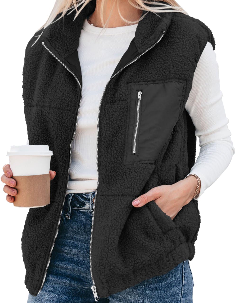Women's Oversized Sherpa Vest Casual Warm Fleece Fuzzy Jackets Sleeveless Zip Up Cozy Vests Outerwear with Pockets