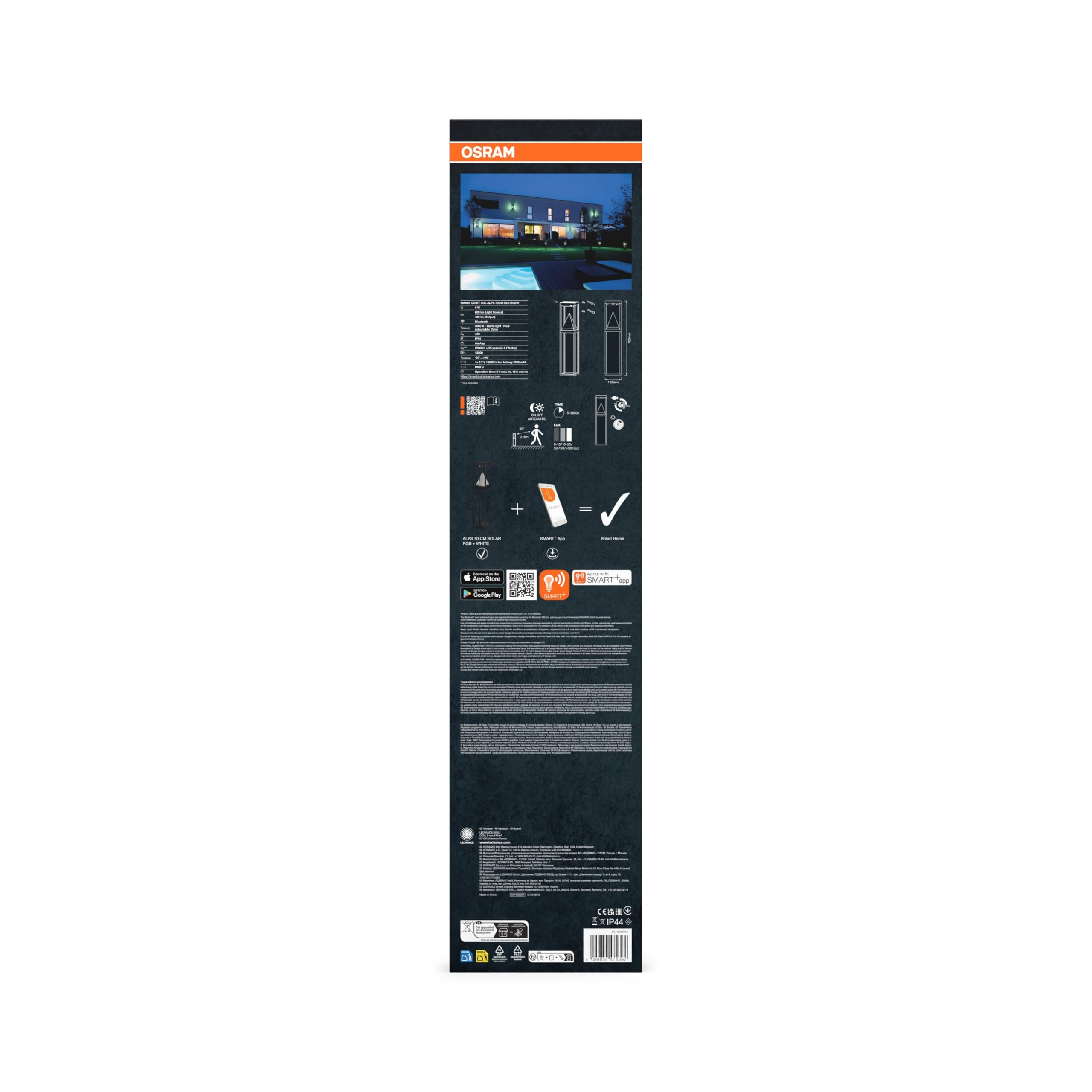 OSRAM SMART+ ALPS lampioncino solare da esterno Bluetooth con sensore, luce bianca calda (3000K) e colorata, senza alimentazione, fino a 2,5 ore al 100% di luce, ricaricabile con cavo USB-C, IP44