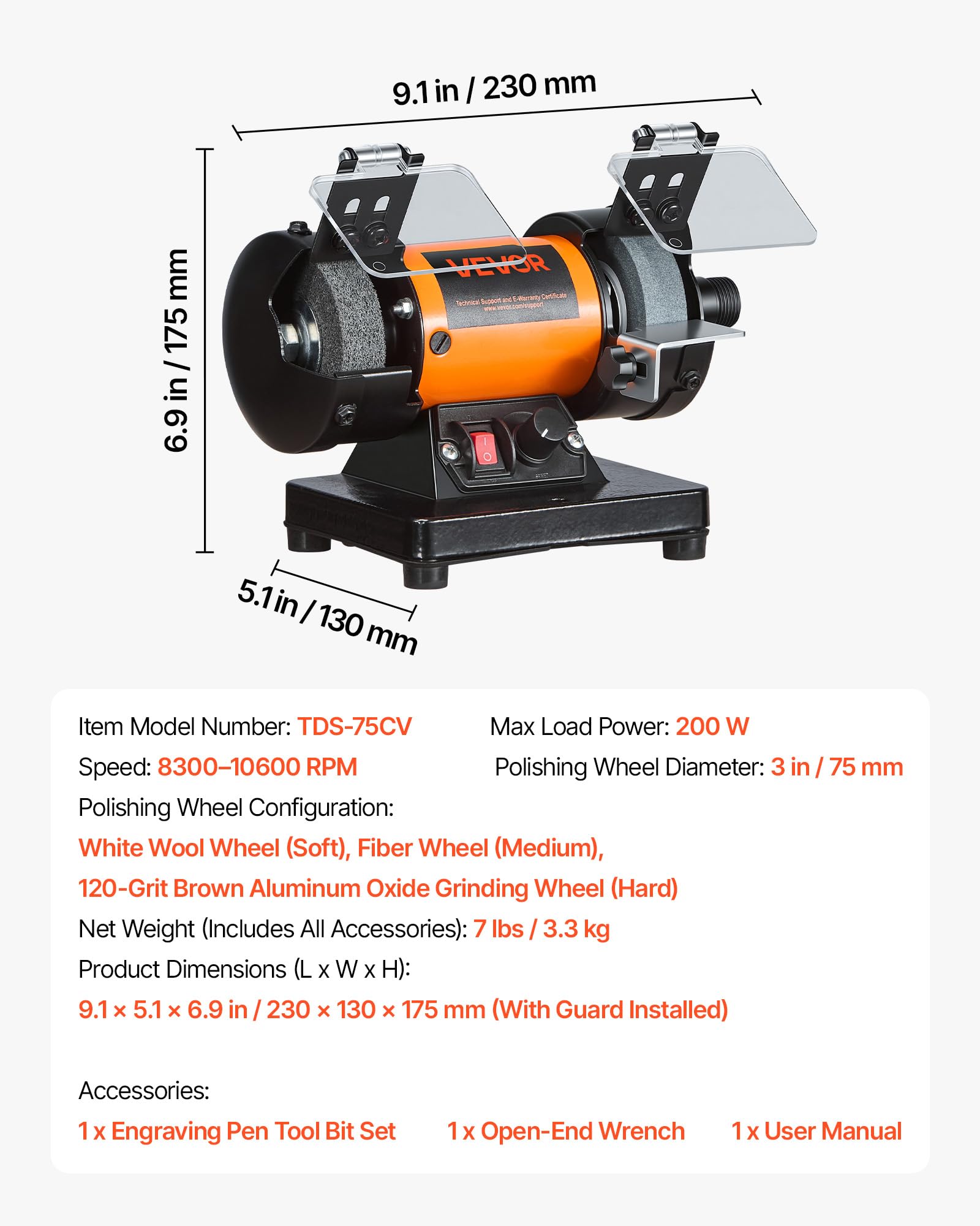 VEVOR Esmeriladora Doble 200 W, Amoladora de Banco, 8300-10600 RPM Velocidades Ajustables, Protección contra Chispas, Kit de Accesorios de 100 Piezas, Multifuncional para Madera Piedra Metal Joyería