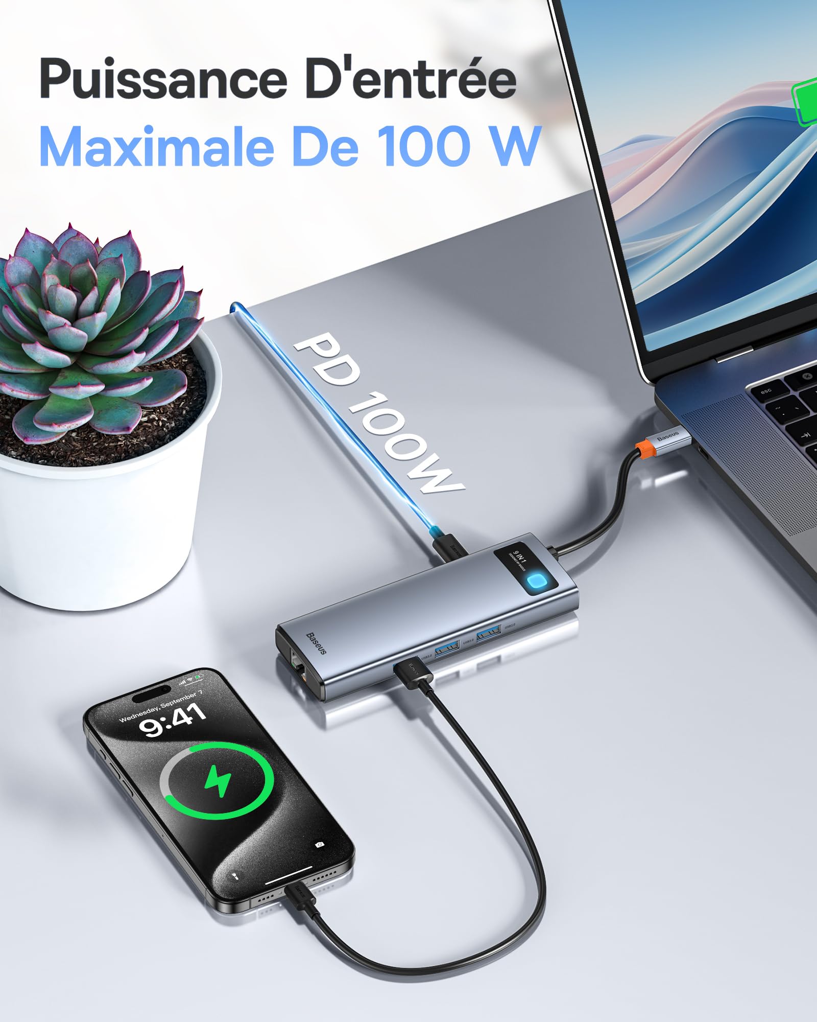 Baseus Station d'accueil 4K @ 120 Hz, Stations d'accueil 9 en 1 2 HDMI Double écran, 1000 Mbp Ethernet, 100 W PD, Lecteur de Carte TF/SD, 3 USB, Adaptateur multiport pour
