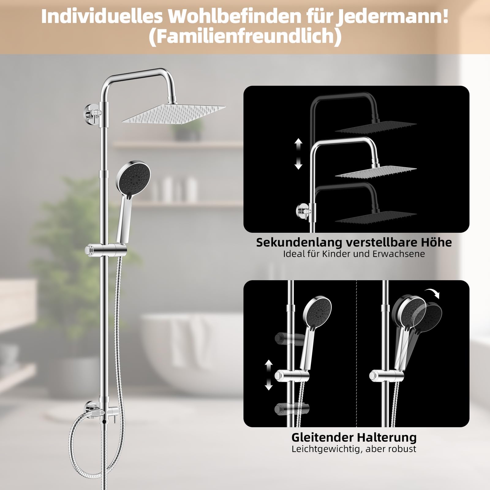 Hibbent Duschset ohne Armatur, 3-Modus-Handbrause | Höhenverstellbar, Regendusche Duschsystem mit Duschkopf aus rostfreiem Edelstahl, Messing-Umschalter, Chrom