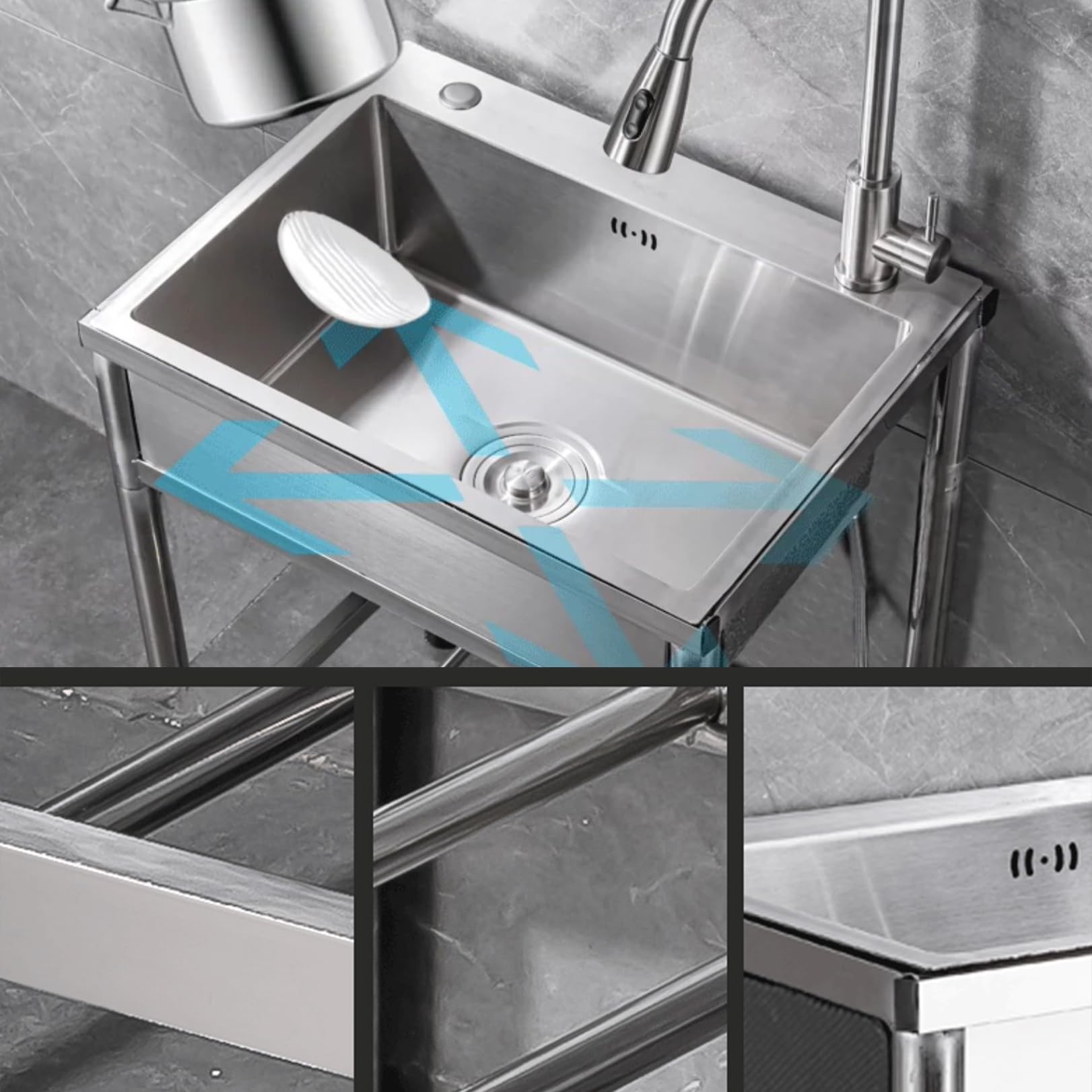 Fregadero utilitario de acero inoxidable, fregadero de cocina móvil con estante de almacenamiento, independiente para exteriores, grifo de 360° extensible, lavabo multifuncional para interiores.