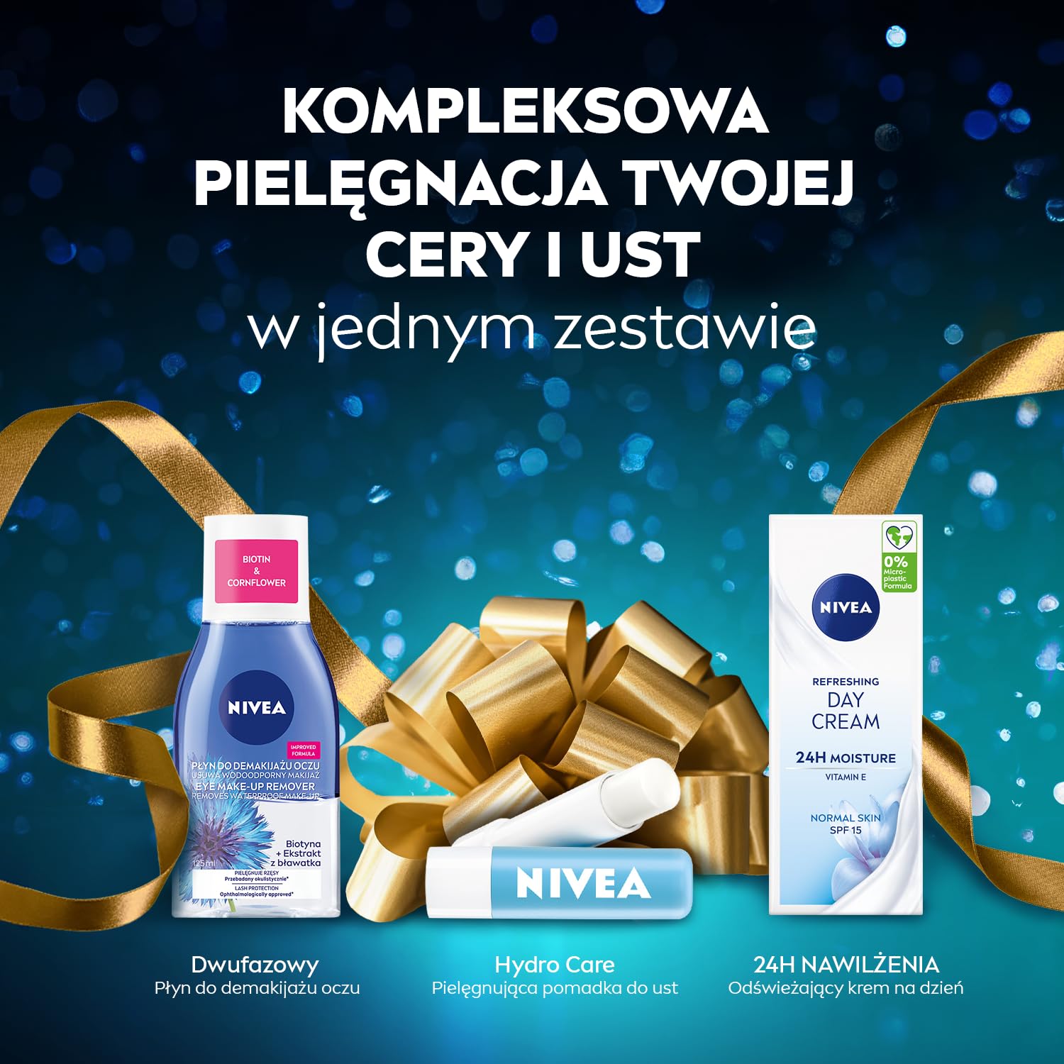 NIVEA Fresh Skin Świąteczny prezent - Zestaw kosmetyków dla kobiet do twarzy: dwufazowy płyn micelarny, krem nawilżający i pomadka do ust