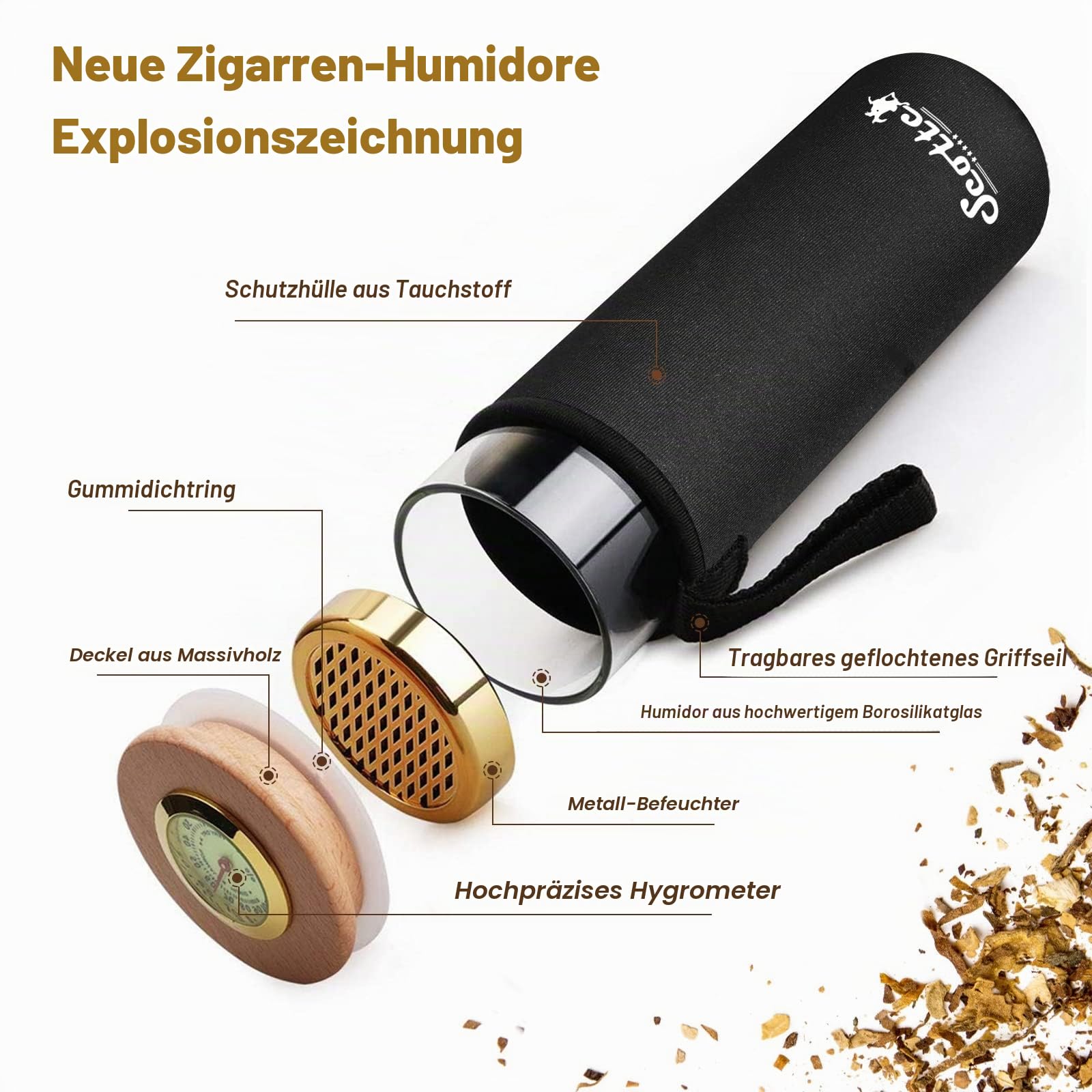 Scotte Zigarrenetui Humidor Geschenk-Box, Reise-Zigarrenschlauch für 5 Zigarren