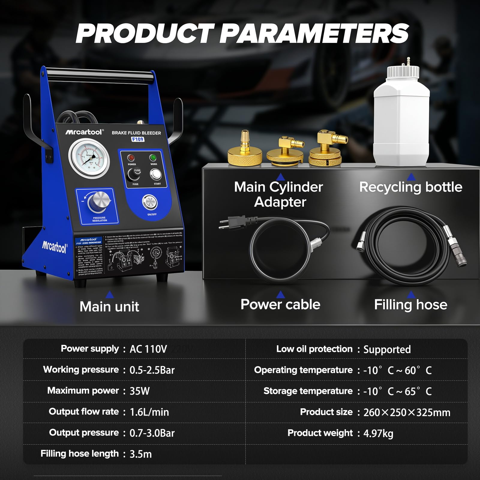 F109 Kit de purga de frenos eléctrica, 220 V, intercambiador de líquido de frenos, 0,7 – 2,5 bar, purgador de presión de freno al vacío, herramienta de extracción de fluidos neumáticos, para