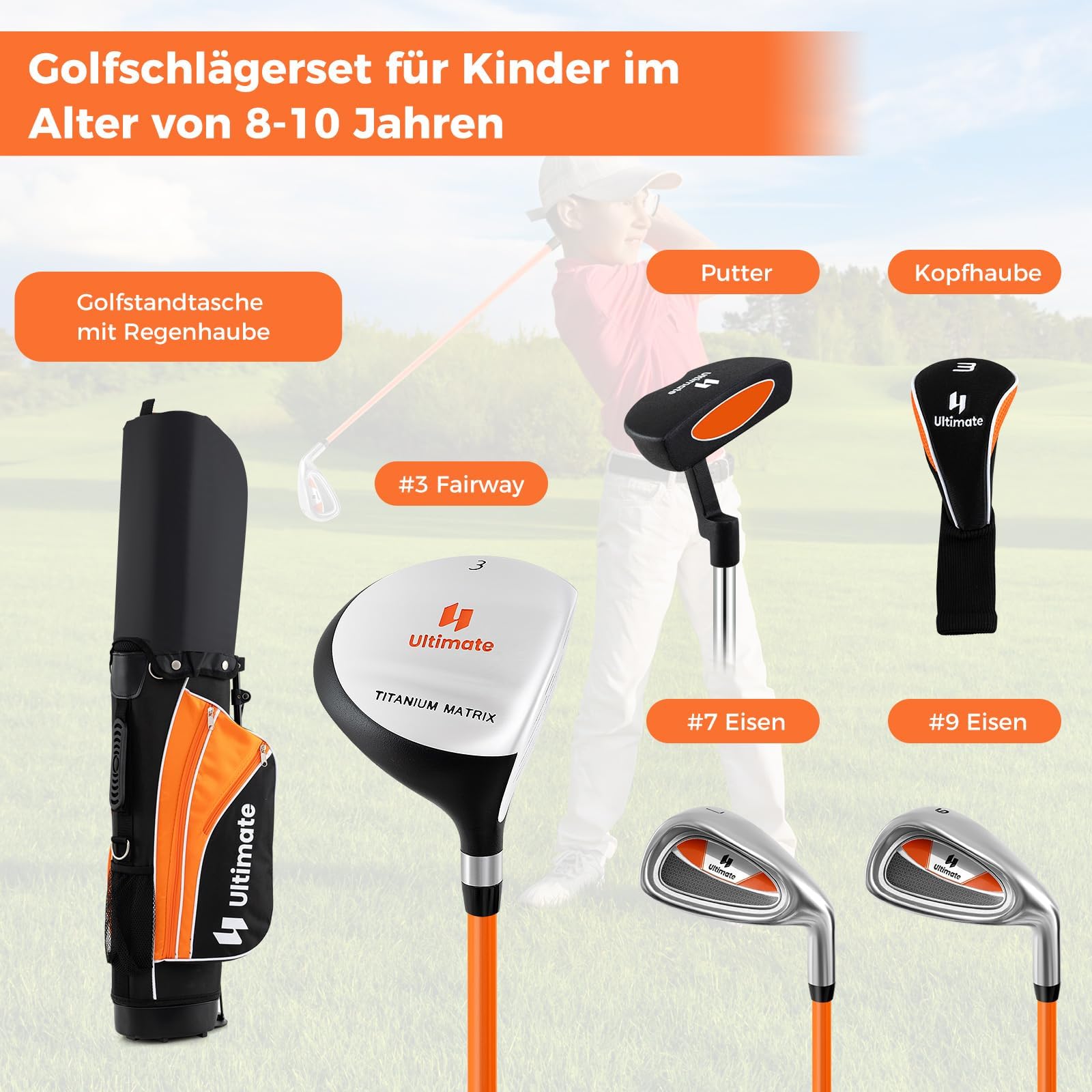 COSTWAY 5 teiliges Kinder Golfschläger Set, Golf Set Rechtshänder mit 3 Fairway, 7/9 Eisen, Putter, Regenhaube & Golftasche, Golfschlägersätze für Kinder von 8-10/11-13 Jahren