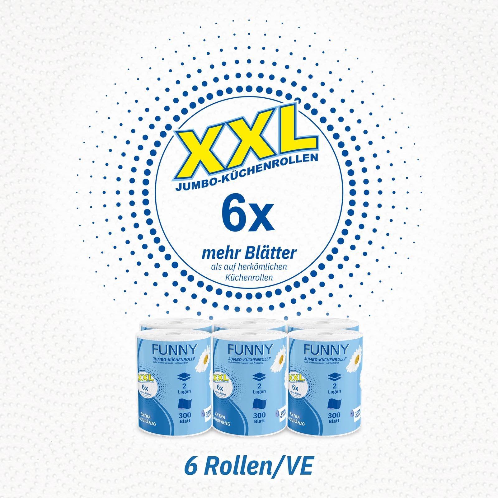 Funny Jumbo-Küchenrolle XXL 6 Rollen | 2-lagig, 100% Saugstarker Zellstoff, 300 Blatt pro Rolle | Vorteilspack mit Tragegriff, 22,4 x 21 cm | Ideal für Küche, Bad & Haushalt