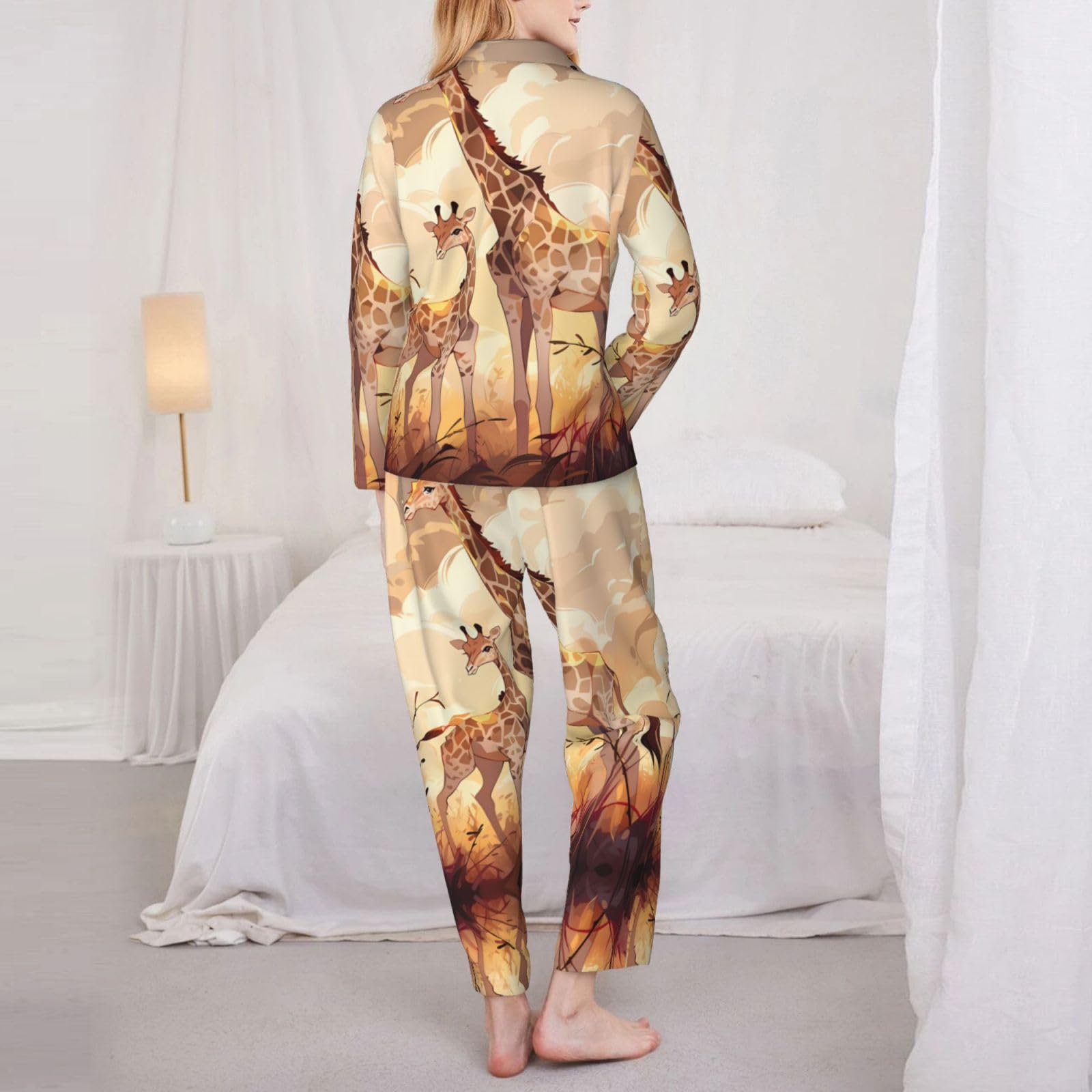 Pigiama da donna a maniche lunghe con stampa madre e bambino giraffa - Morbido e caldo abbigliamento da casa autunno/inverno -