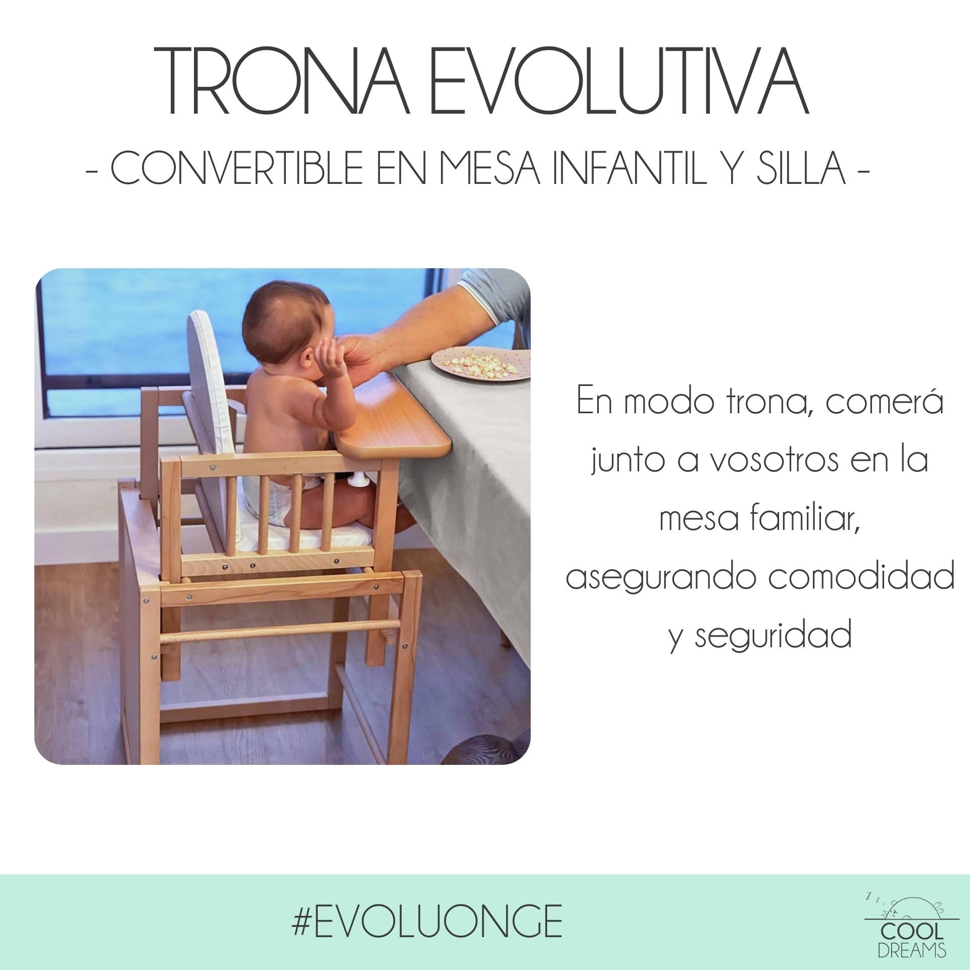 Trona evolutiva para bebé portátil de madera Evoluonge, convertible en silla y mesa infantil para comer, dibujar y jugar, segura, con asiento acolchado impermeable CoolDreams
